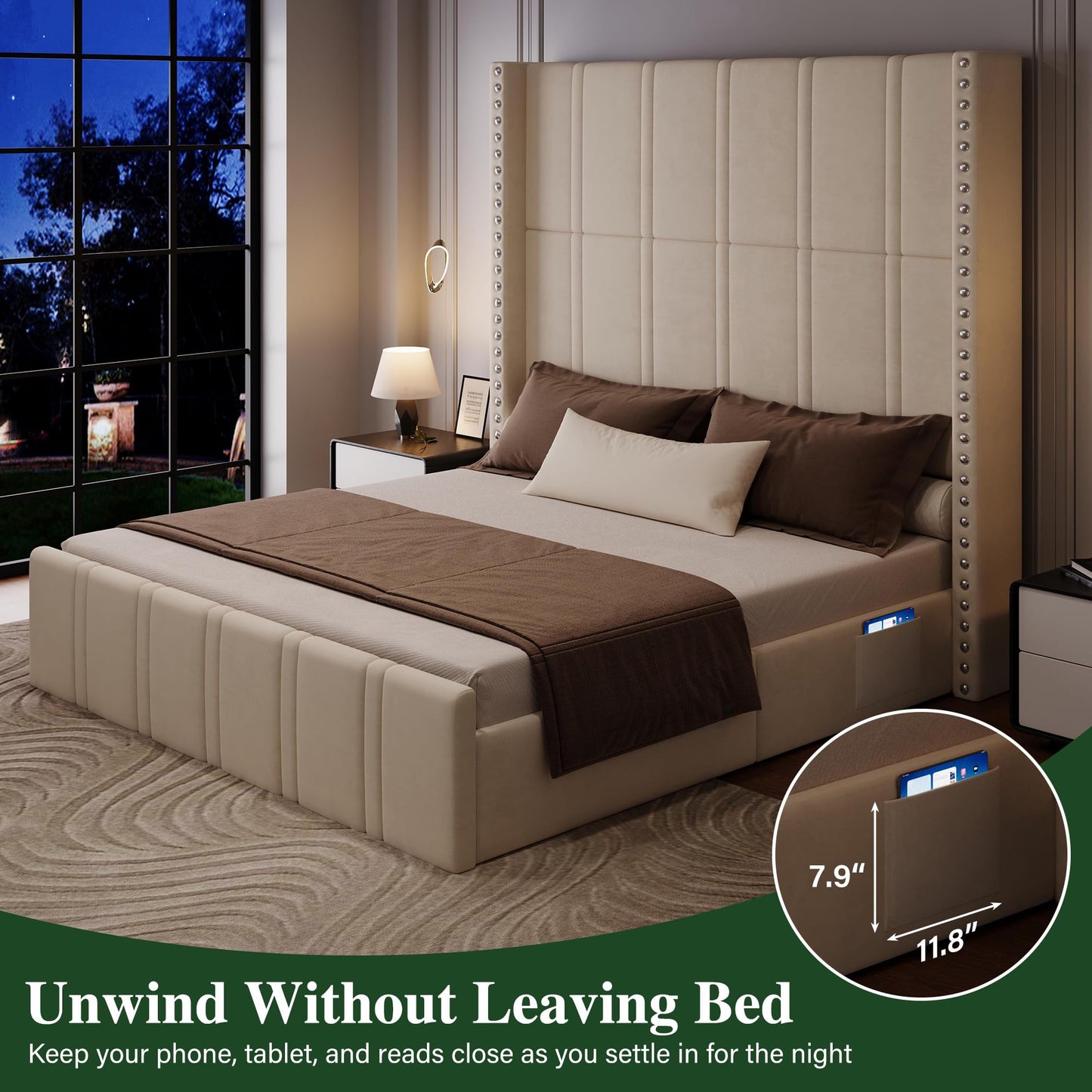 Uteeran Queen Bed Frame with 65.75" Tall Headboard, Luxury Velvet Upholstered Platform Bed with Storage Pockets, Wide Wingback Design, Noise-Free, Easy Assembly, No Box Spring Needed, Beige