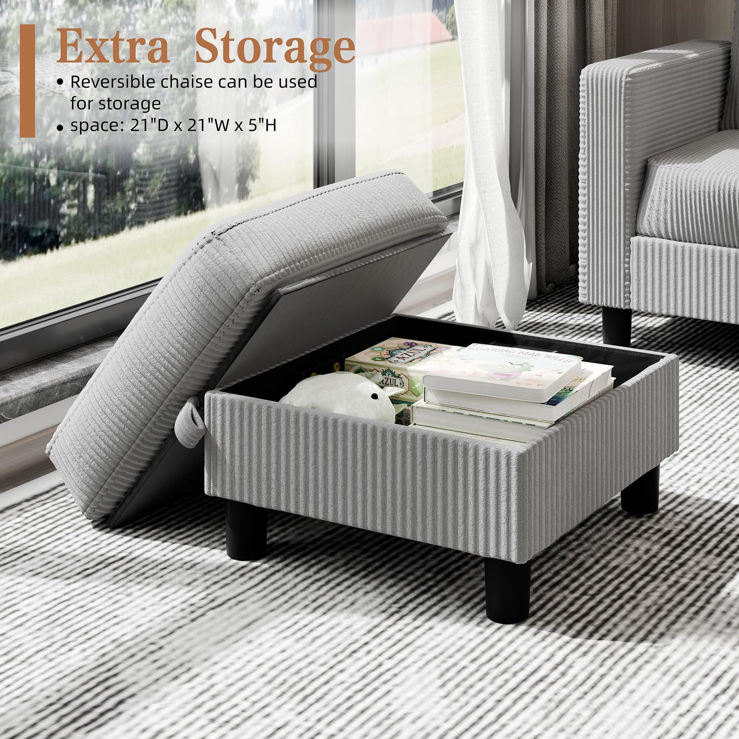 Shintenchi 76" Modern Upholstered Sectional Sofa, L-Shaped Couch with Storage Ottoman and Reversible Chaise for Living Room, Off-Grey Corduroy Fabric