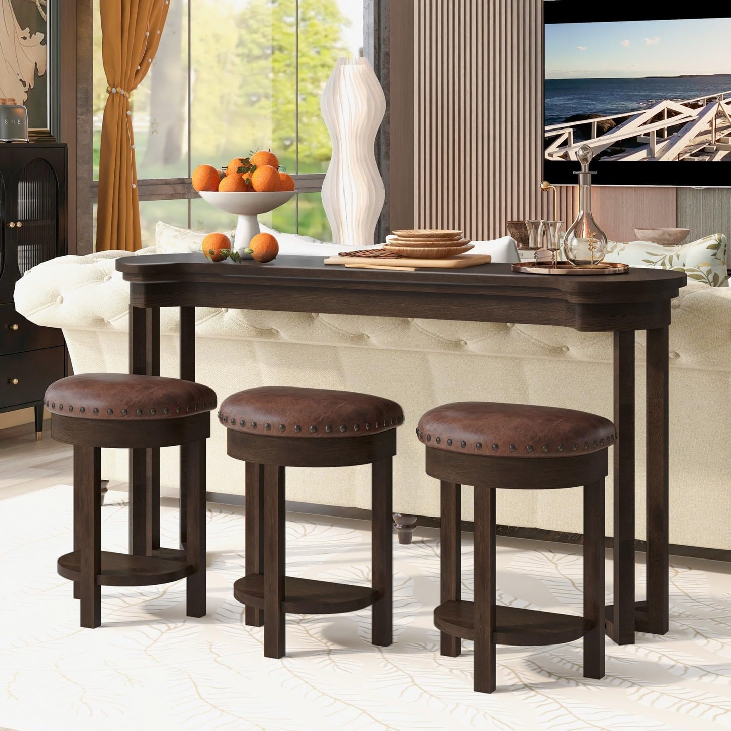 KEIKI 60" Solid Pine Wood Bar Table Set with 3 PU Stools Chairs, Long Bar High Top Dining Table & Upholstered Stools, Behind Couch Sofa Counter Height Pub Table for Breakfast, Kitchen Living Room