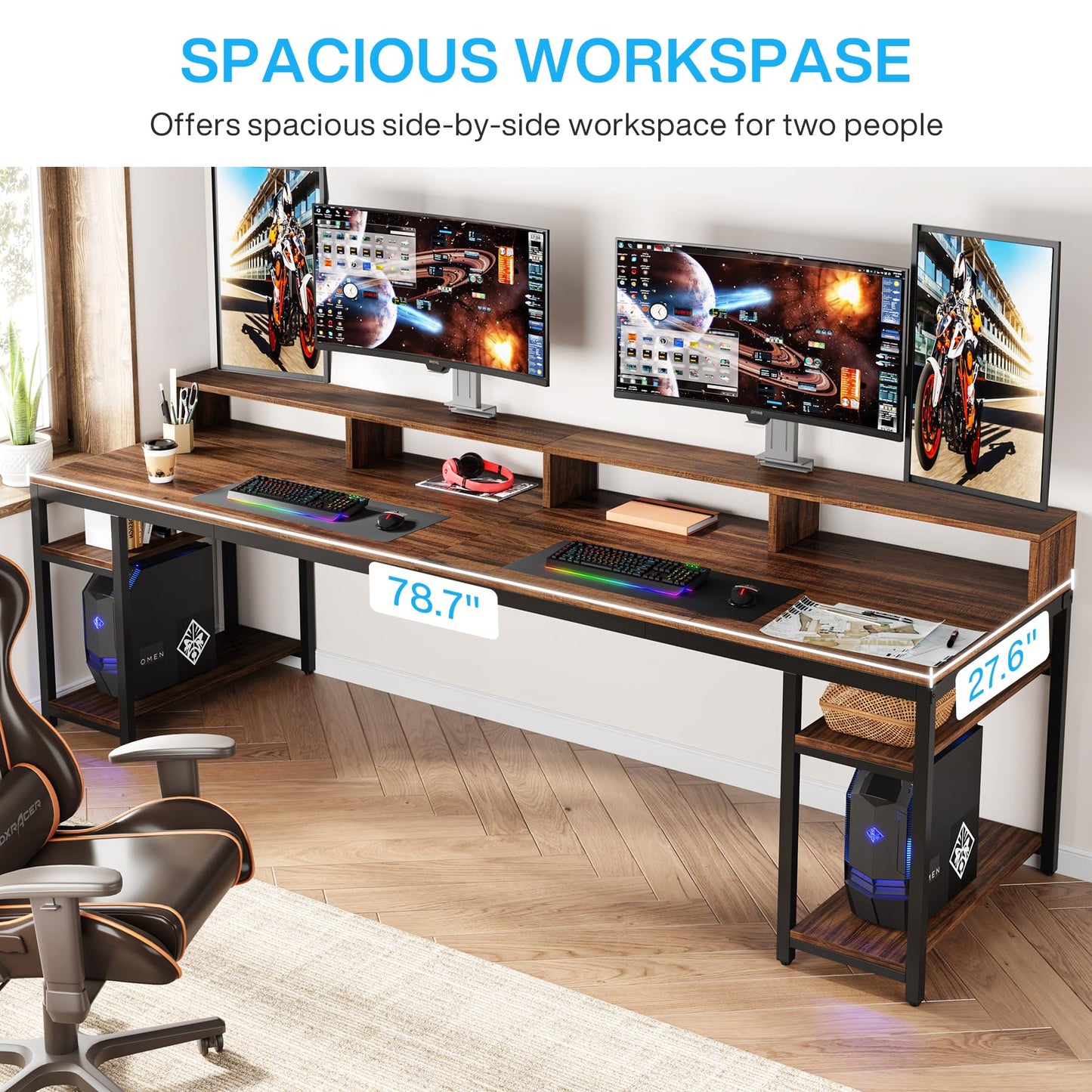 Tribesigns Two Person Desk with Monitor Stand, 78.74" Long Double Computer Office Desk with Storage Shelves, Large Gaming Study Writing Table Workstation for Home Office (Rustic Brown)