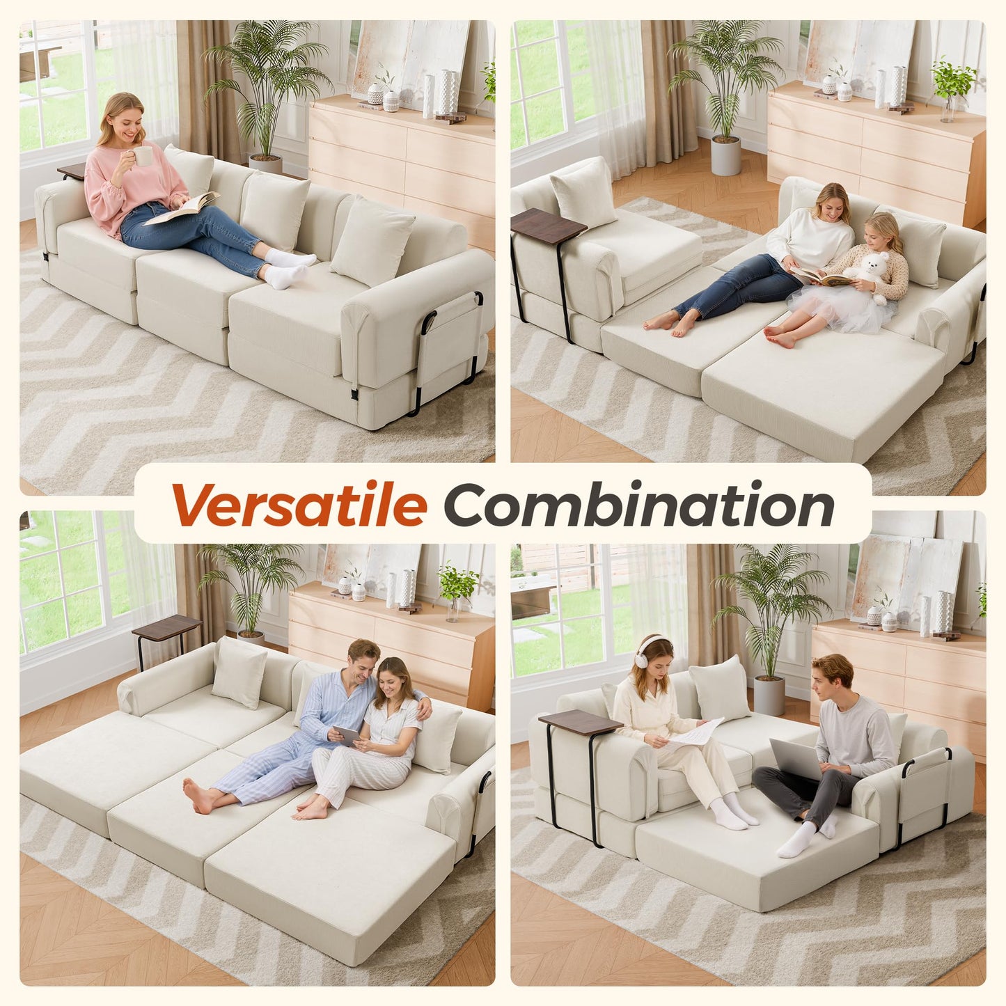 Topcomfy 99.2" Modular Sectional Sofa Bed, Convertible Futon Sleeper Couch with Movable Side Table, Tool-Free Assembly Floor Sofa with Metal Support Frame, Chenille Deep Seat for Living Room Beige