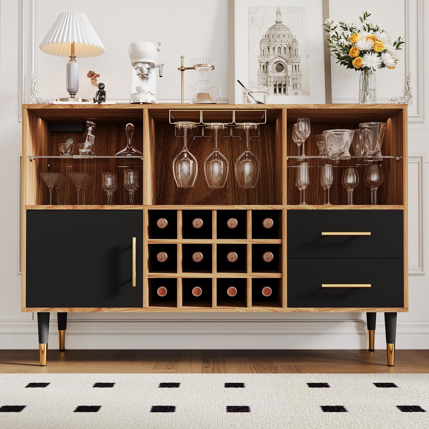 47 Inch Bar Cabinet with LED Lights & Charging Station, Modern Sideboard Buffet Cabinet with Storage Drawers, Wine Rack & Doors, Coffee Bar Table for Living Room, Dining Room, Home- Wood & Black