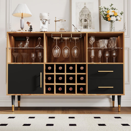 47 Inch Bar Cabinet with LED Lights & Charging Station, Modern Sideboard Buffet Cabinet with Storage Drawers, Wine Rack & Doors, Coffee Bar Table for Living Room, Dining Room, Home- Wood & Black