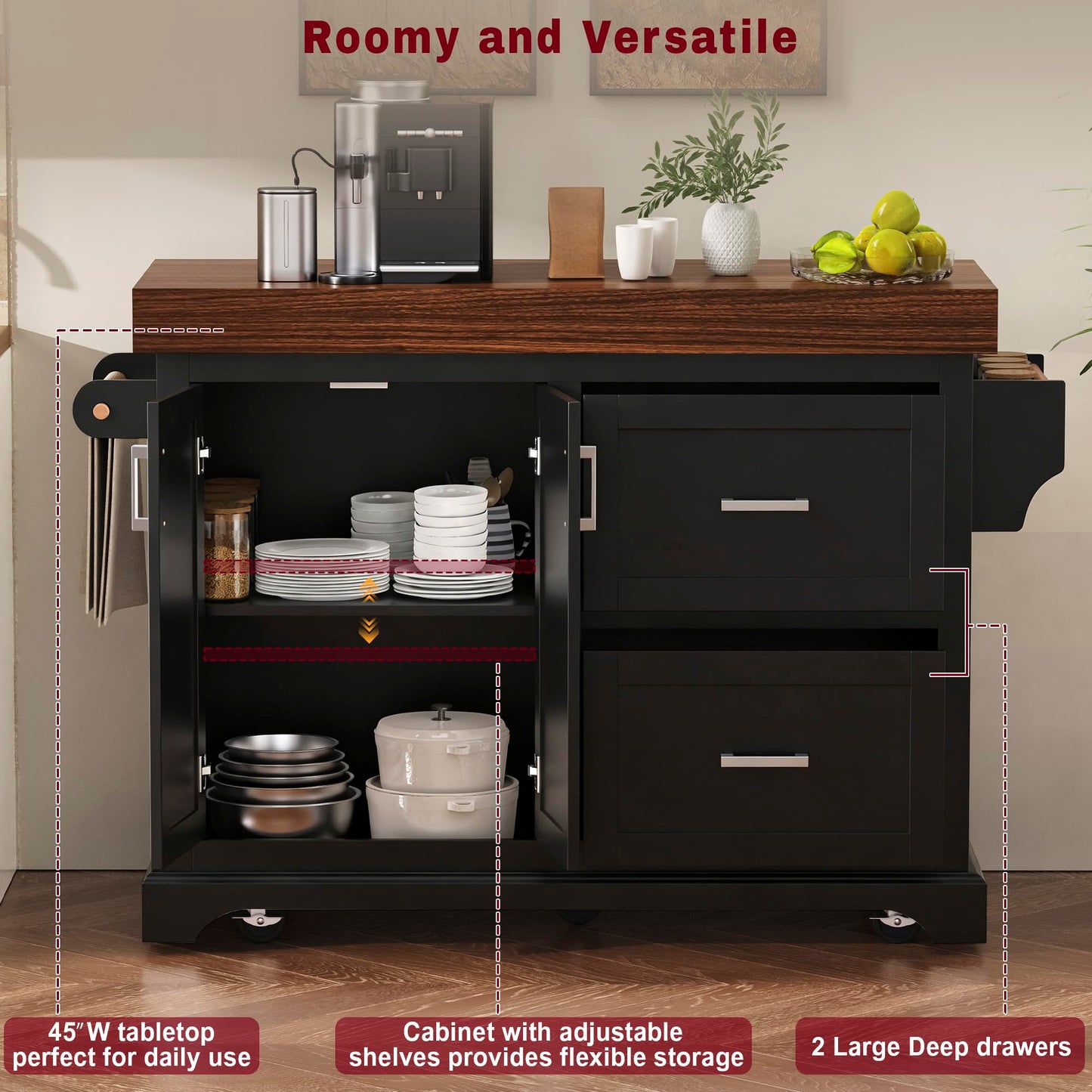 Trygoal 53.2" Rolling Kitchen Island with Storage, 3.5" Thick Countertop, Spice Rack, Towel Rack, Drawer & Cabinet - Mobile Kitchen Cart on Wheels for Kitchen, Dining Room, Black