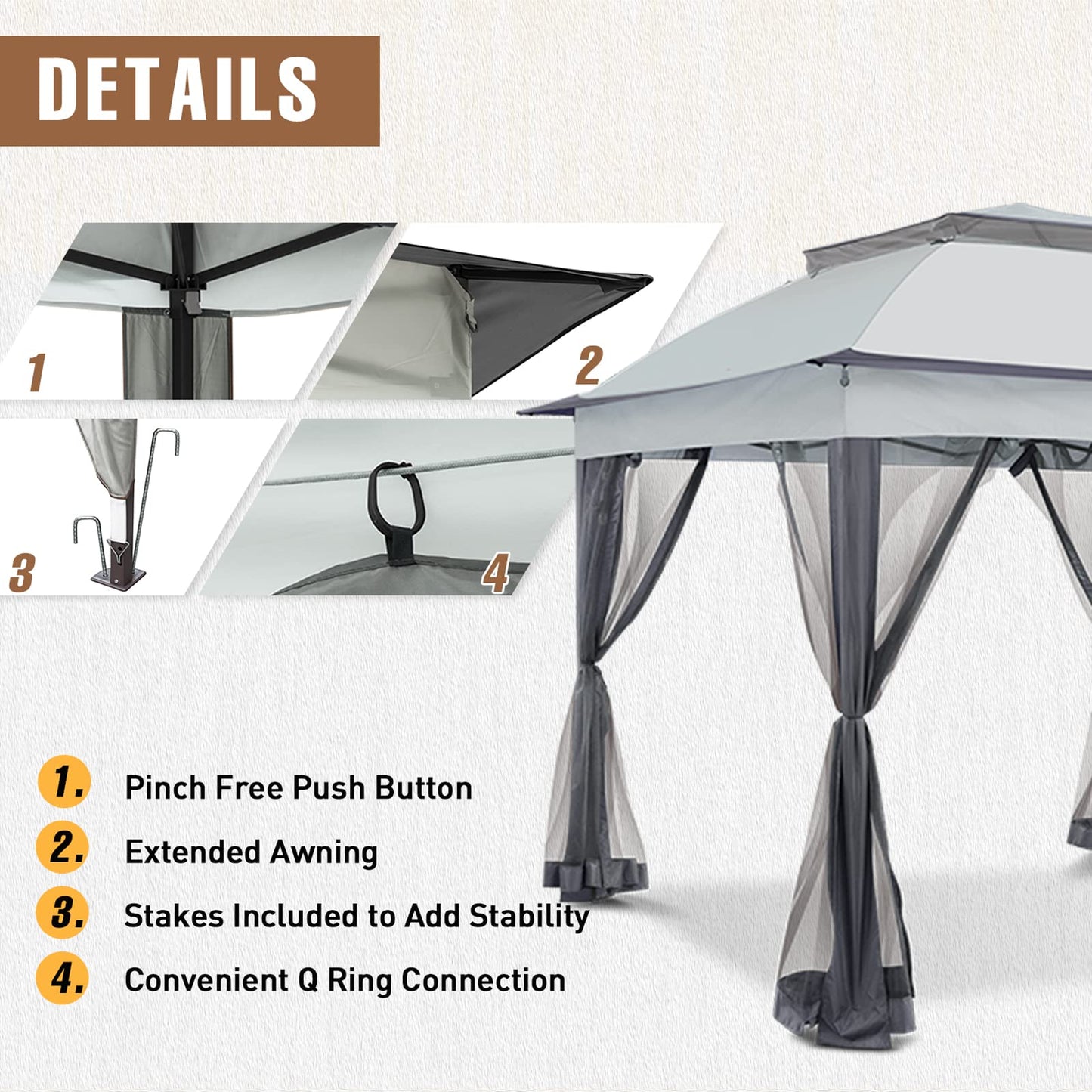 INTER HUT 11x11 Pop Up Gazebo Tent with Mesh Netting, Instant Outdoor Canopy with UPF 50+ UV Protection, Water Resistant, Gray