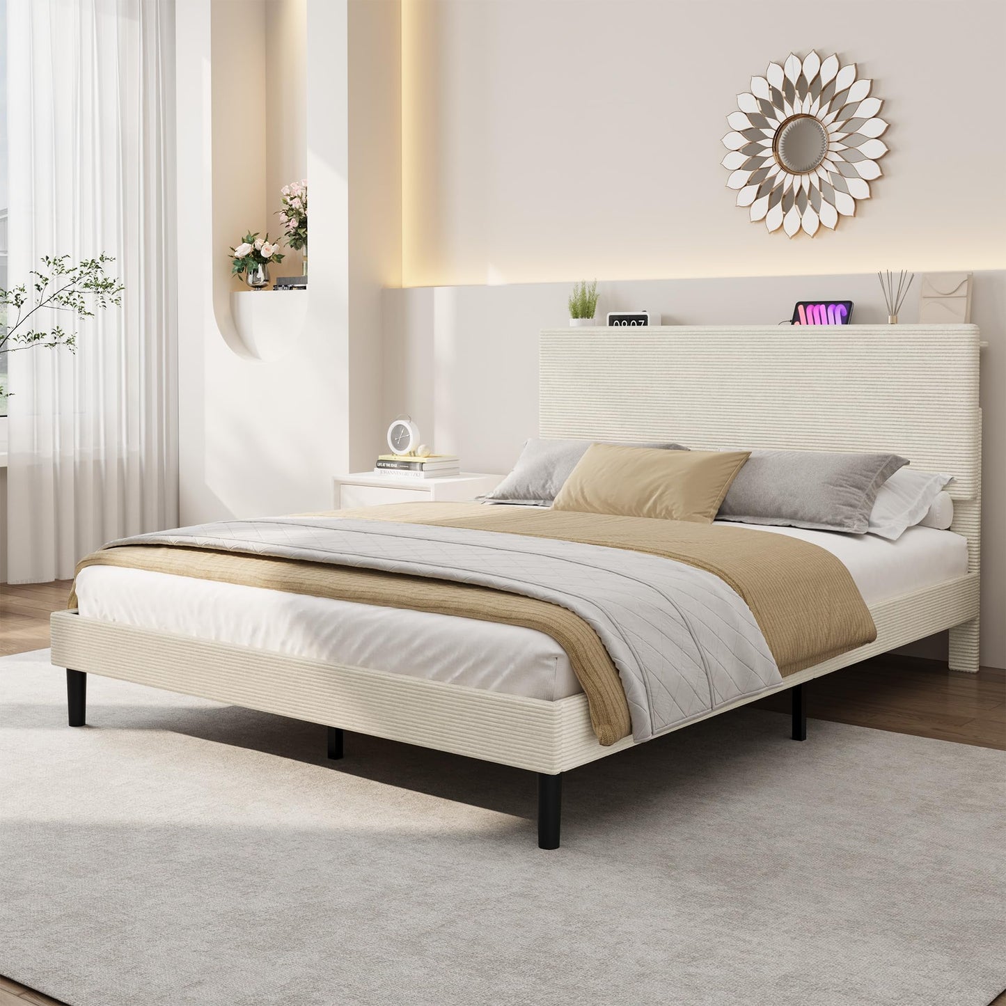 GarveeLife Corduroy Upholstered Platform Bed Frame with USB Charging Station, Adjustable Storage Headboard, Wooden Slat Support, No Box Spring Needed, Easy Assembly, Full Beige