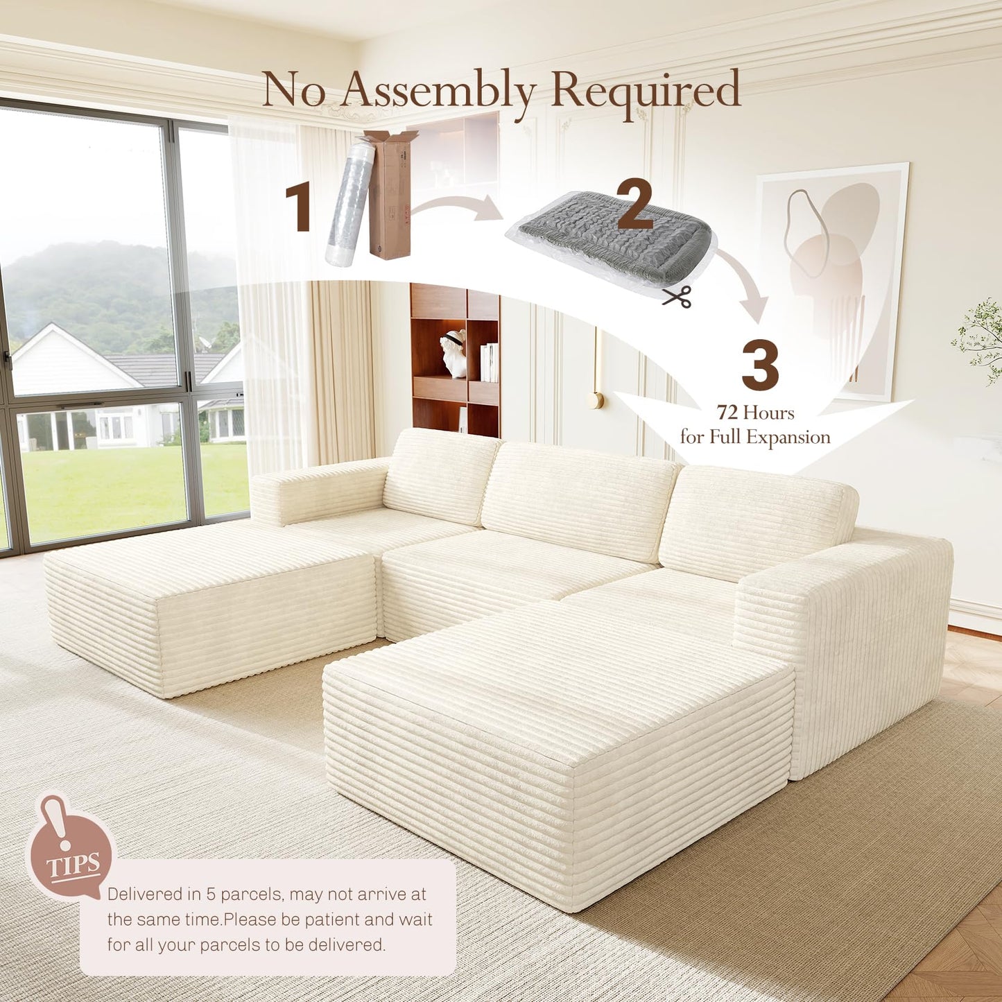 119" U-Shaped Modular Cloud Sofa, Corduroy Sectional Couch with Extra Deep Seats & Durable Spring Support, Convertible Boneless Sofa Set with Dual Ottomans, No Assembly, Beige