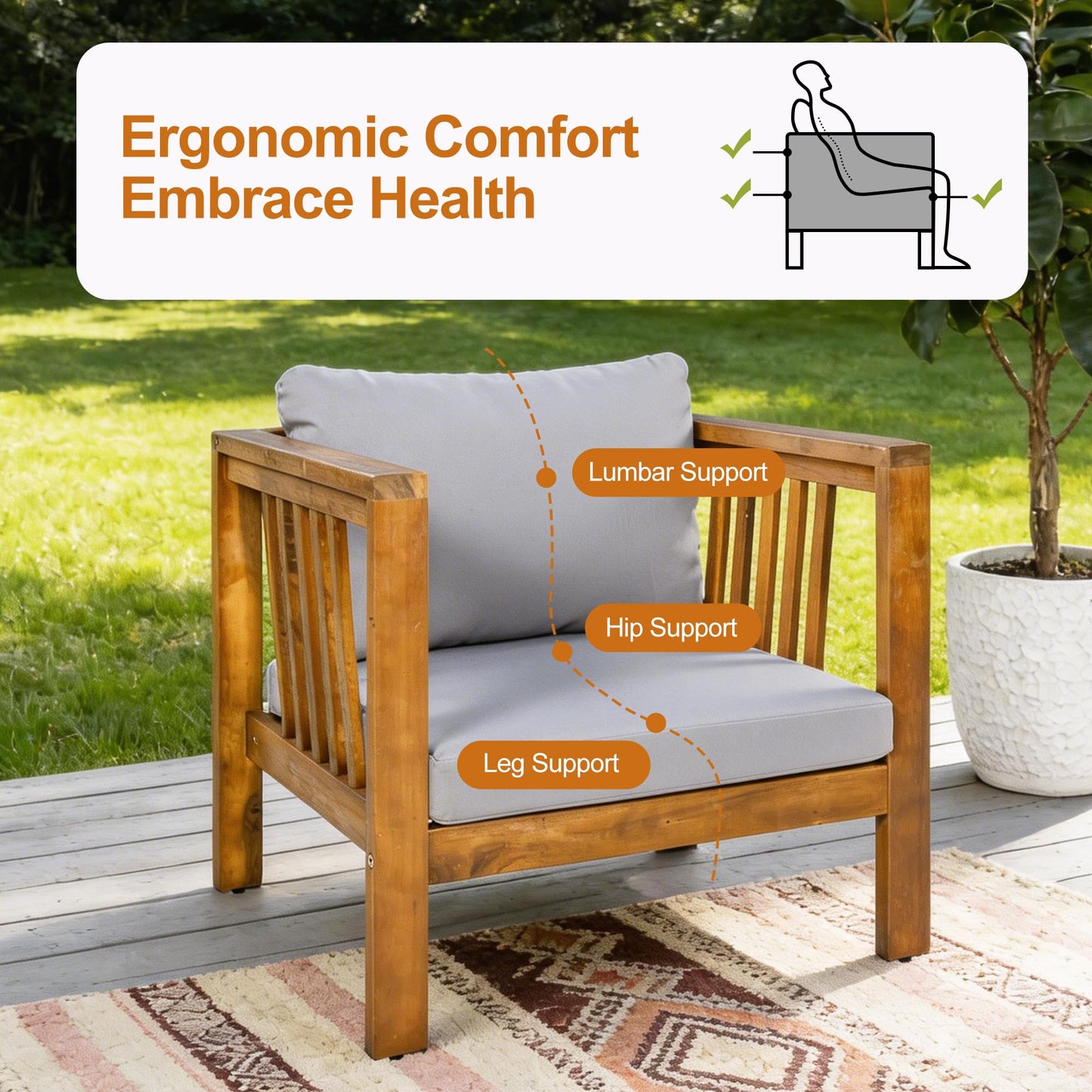 Merax Set of 2 Outdoor Acacia Wood Club Chairs, Modern Patio Conversation Chairs with Thick Cushions, Adjustable Feet, Weather Resistant Wooden Armchairs for Backyard, Poolside, Grey Cushions