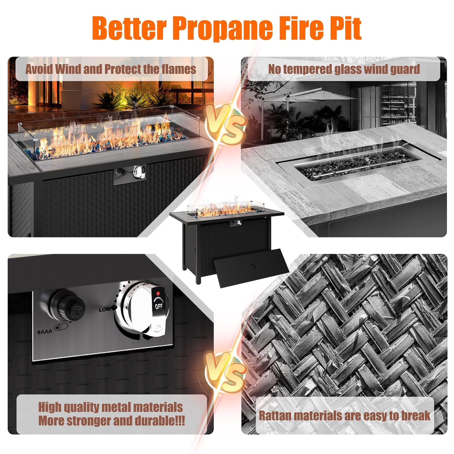 45 inch Outdoor Propane Fire Pit 50,000 BTU Gas Fire Pit Table with Lid, Glass Wind Guard, Waterproof Cover, Rectangle Gas Firepit Table for Garden/Patio, CSA Certification