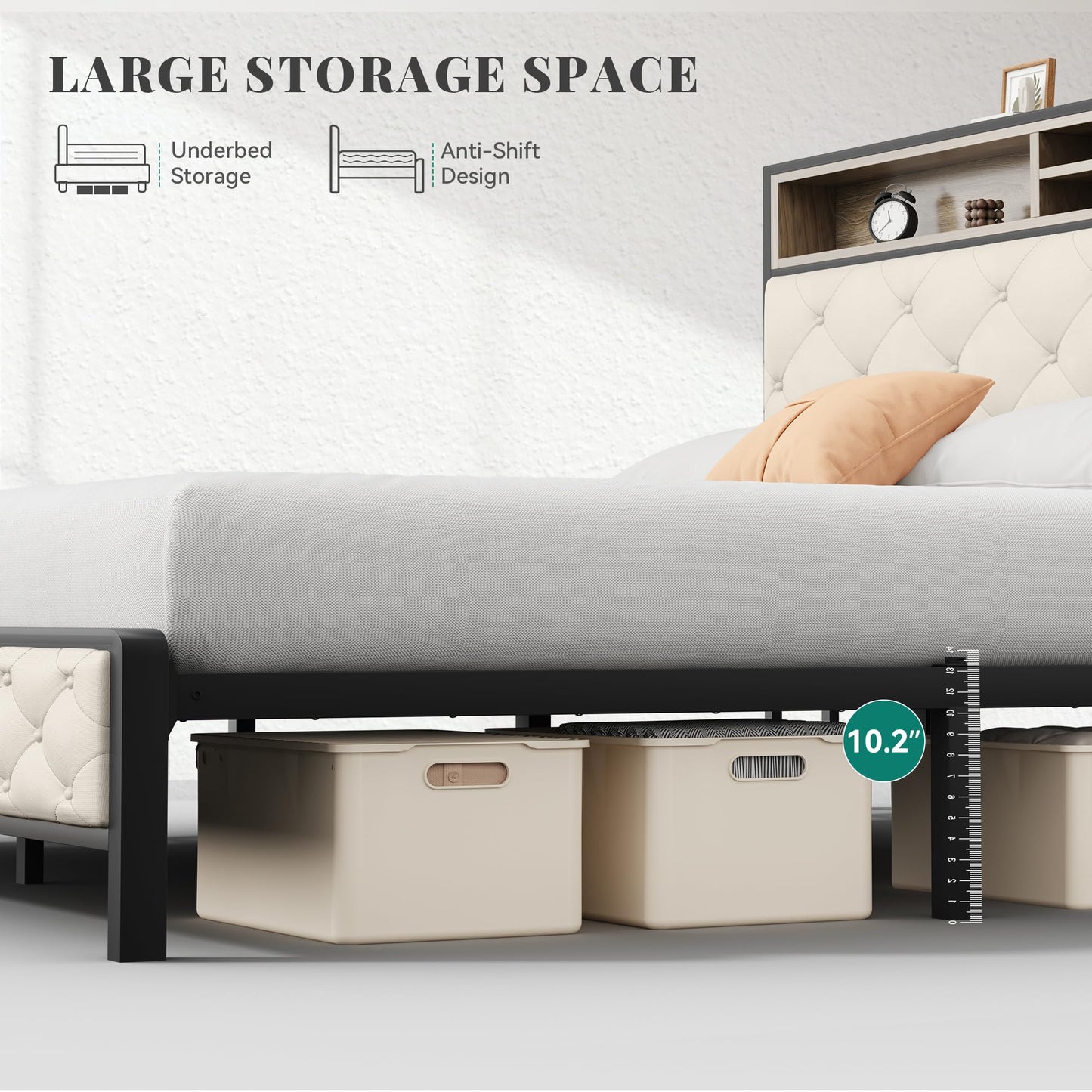 YITAHOME Queen Size Platform Bed Frame with 45.2'' Tall Headboard, Upholstered Storage Headboard with Charging Station, Large Under Bed Storage, No Box Spring Needed, Easy Assembly, Beige