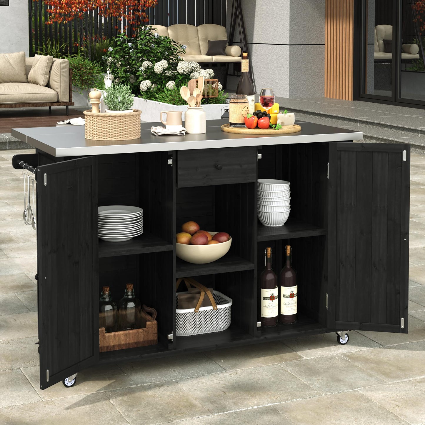 52.25" W Outdoor Kitchen Island Patio Grill Cart with Stainless Steel Tabletop, Storage Cabinet for BBQ, Bar