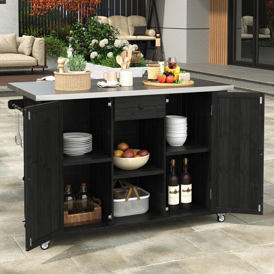 52.25" W Outdoor Kitchen Island Patio Grill Cart with Stainless Steel Tabletop, Storage Cabinet for BBQ, Bar