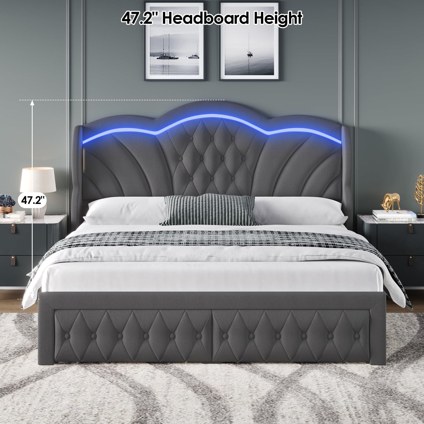 Keyluv Queen Bed Frame with LED Lights and 2 Storage Drawers, Velvet Upholstered Platform with 47" Tall Arc-Shaped Wingback Headboard and Button Tufted Design, No Box Spring Needed, Noise-Free, Gray