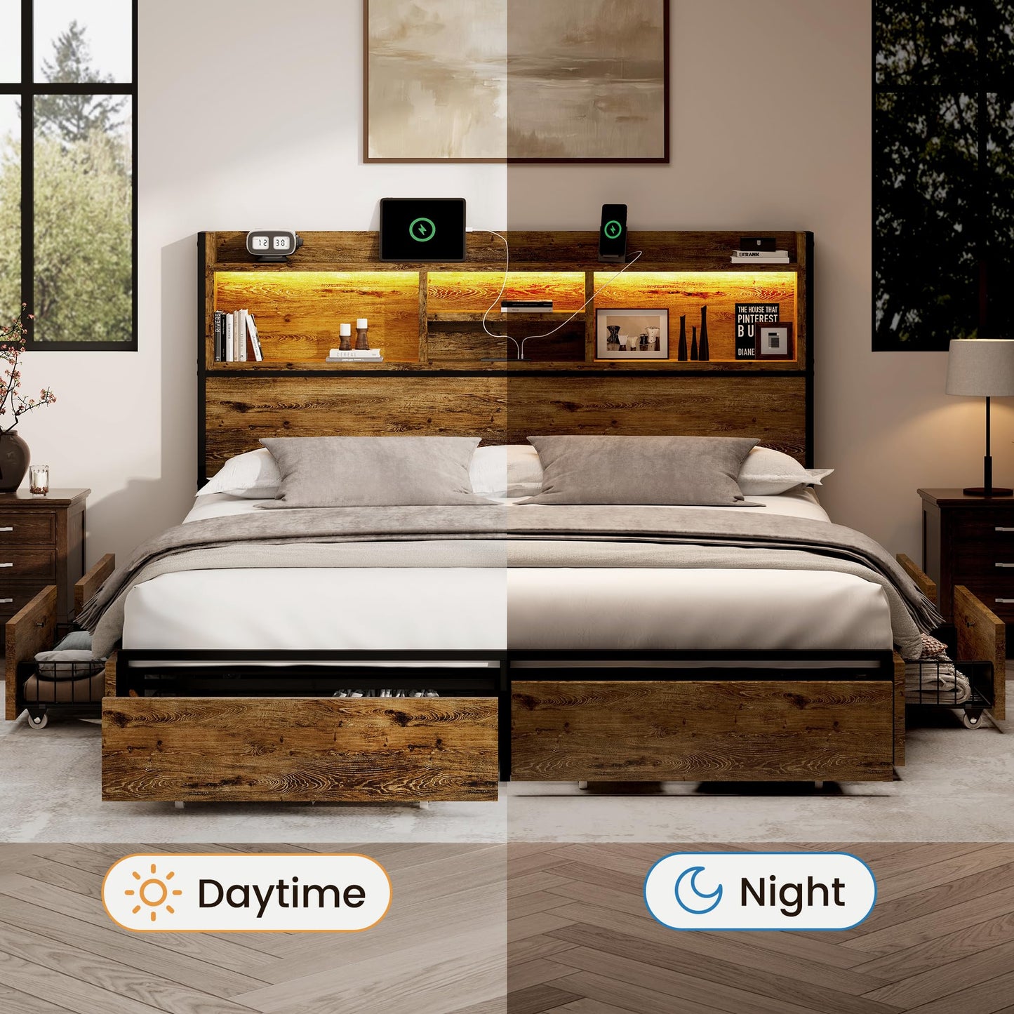 BRELTAM King Storage Bed Frame with 6 Drawers, USB Charging Station, No Noise, No Box Spring Required, Vintage Brown Headboard Platform Bed