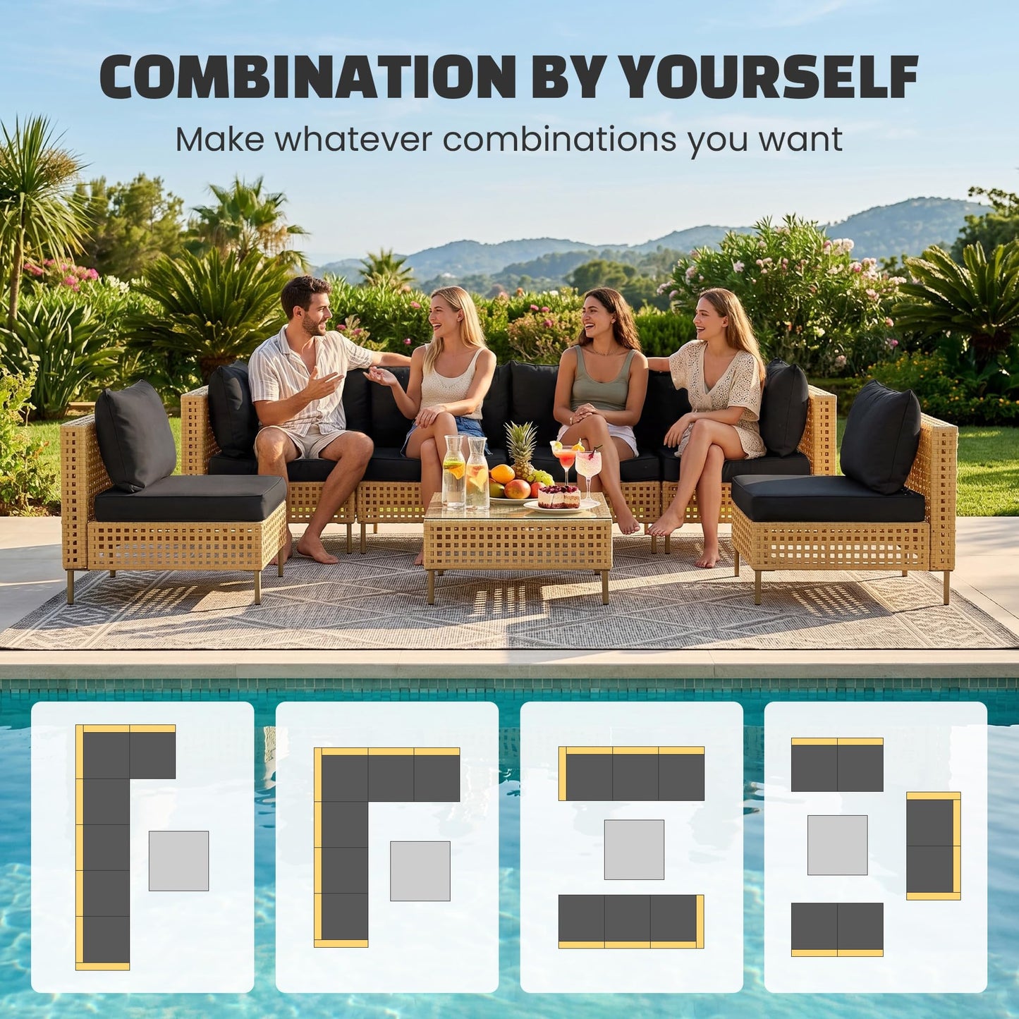 LHBcraft 7-Piece Wicker Outdoor Patio Furniture Set, Outdoor Sectional Furniture, Patio Sofa Sectional Conversation Sets, Handmade Rattan, Water-Resistant Fluffy Cushions and Coffee Table, Black