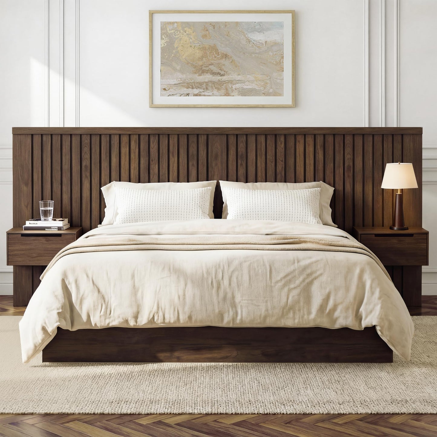 KISLOT Queen Size Wood Bed Frame with Built-in Nightstands, Modern Fluted Headboard & Storage Drawers, Solid Wood Slat Support, No Box Spring Needed, Noise-Free, Easy Assembly