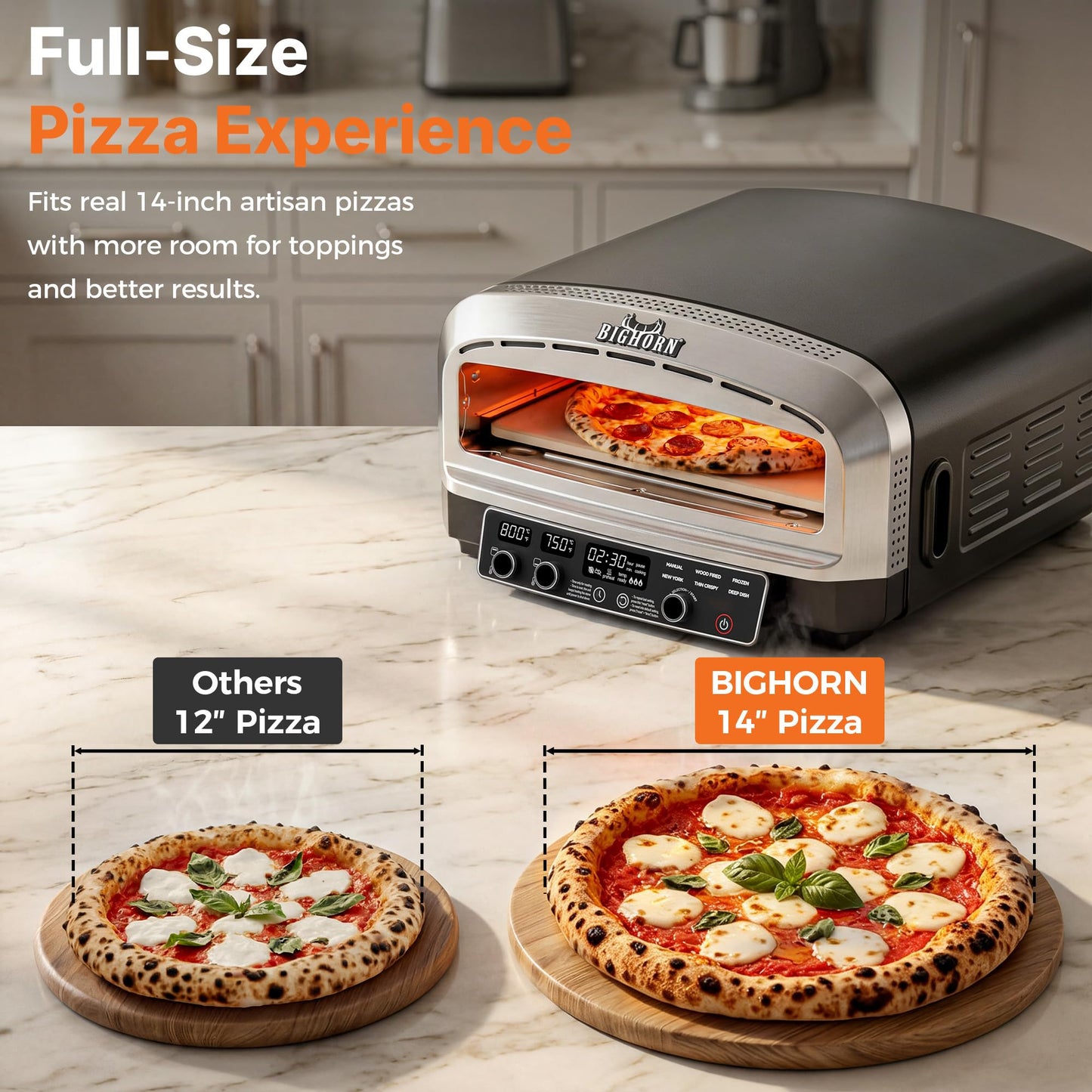 BIG HORN 14-Inch Indoor Pizza Oven, 850°F High-Heat Electric Countertop Pizza Oven for Restaurant-Style Artisan Pizza with Pizza Stone and Pizza Peel, PID Precision Temperature Control
