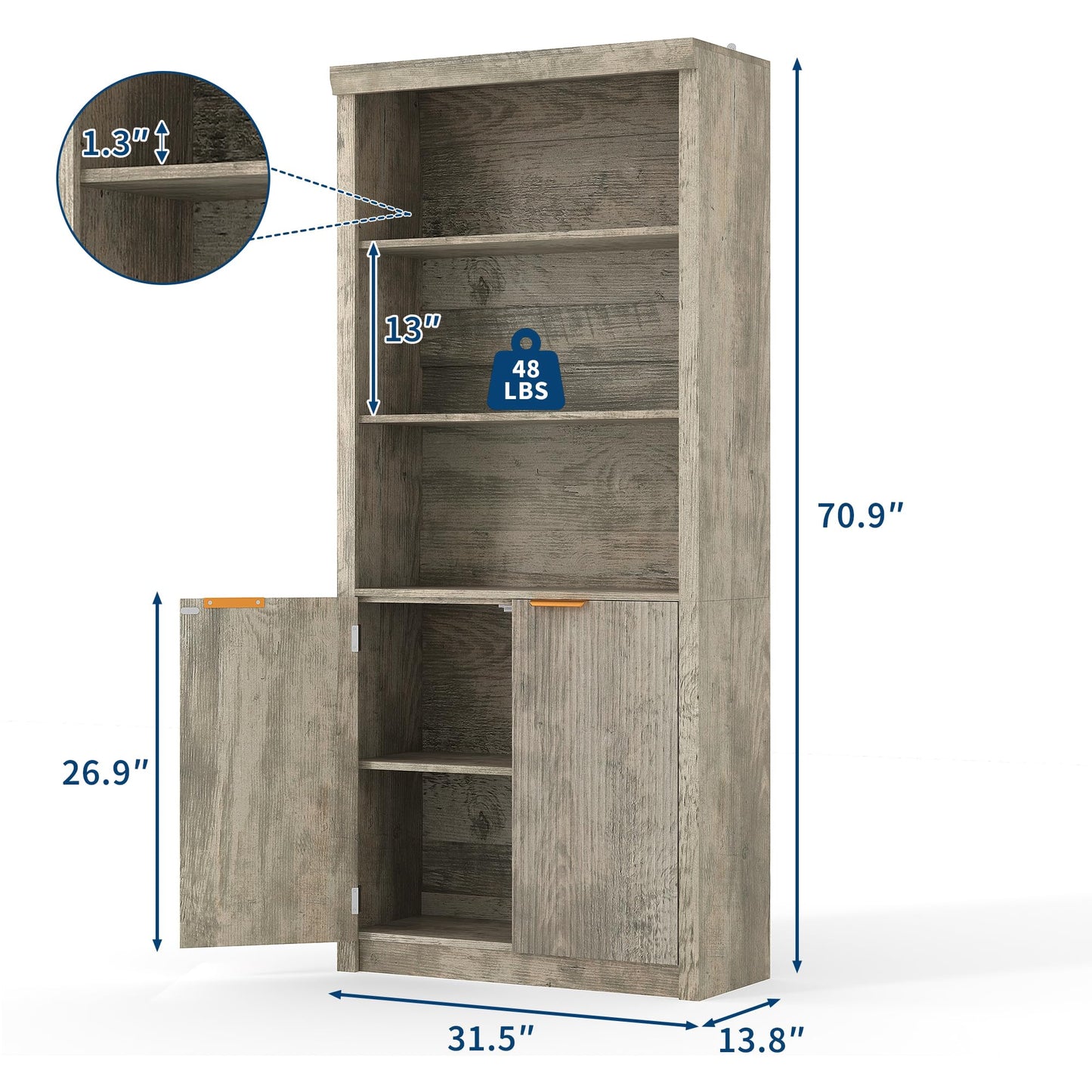 Garvee 71" Tall Bookshelf with Fluted Doors, 5 Tier Bookcase Display Shelves with Storage Cabinet & Adjustable Shelf, Mid-Century Modern Bookshelves for Home Office, Living Room, Grey