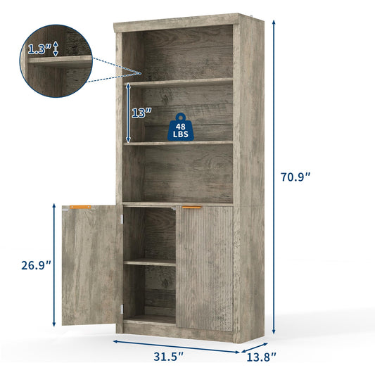 Garvee 71" Tall Bookshelf with Fluted Doors, 5 Tier Bookcase Display Shelves with Storage Cabinet & Adjustable Shelf, Mid-Century Modern Bookshelves for Home Office, Living Room, Grey