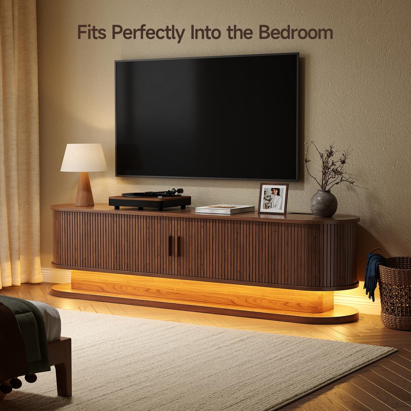 ONBRILL 70" TV Stand up to 80 Inch, Entertainment Center with LED Lights and Storage, Mid Century Modern Fluted TV Console with Power Outlet, Media Console for Living Room Bedroom (Walnut)