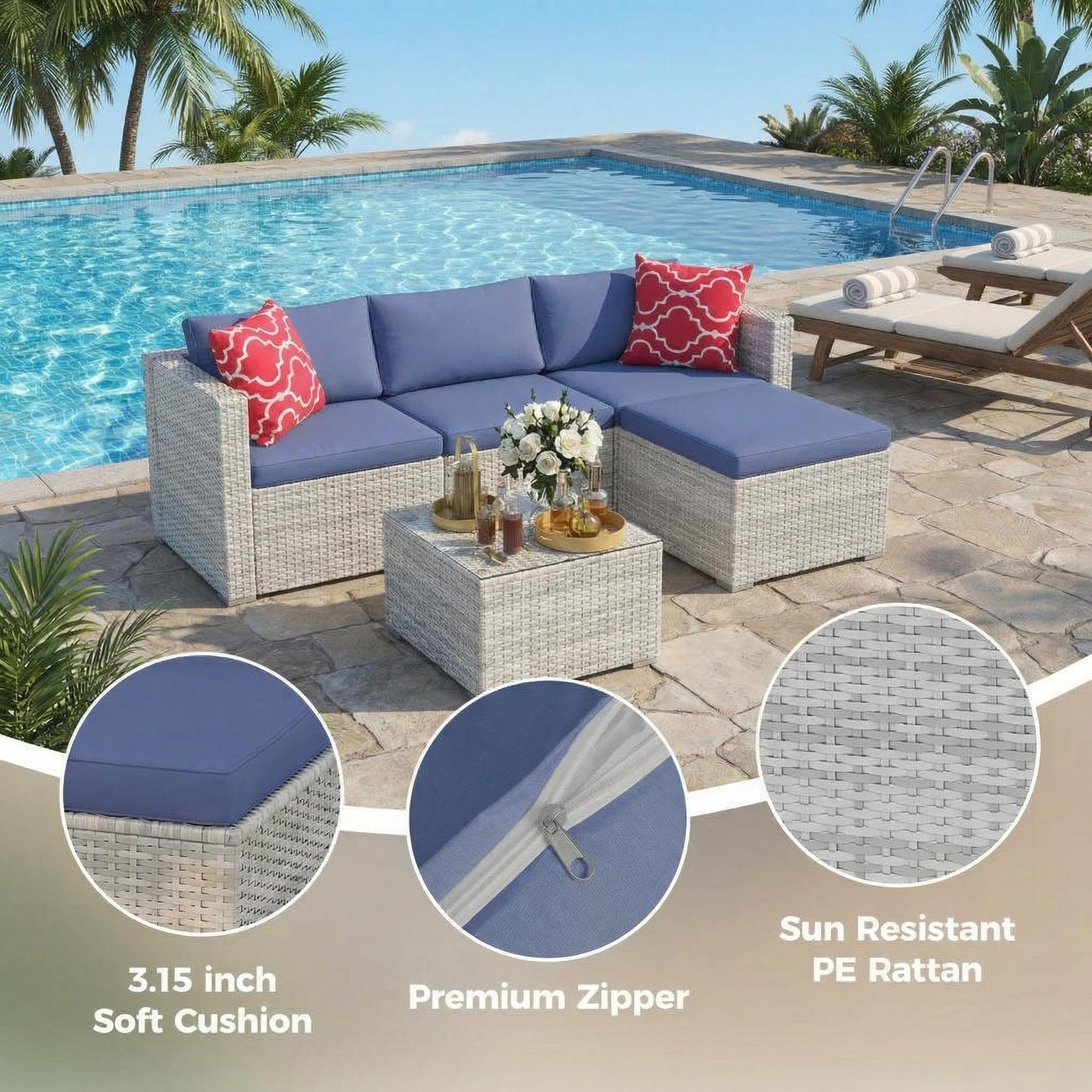 GarveeTech 5 Pieces Patio Furniture Set, All Weather Wicker Rattan Sectional Sofa, Outdoor Patio Furniture Set with Washable Cushions for Garden, Backyard, Porch, Poolside (Grey&Blue)