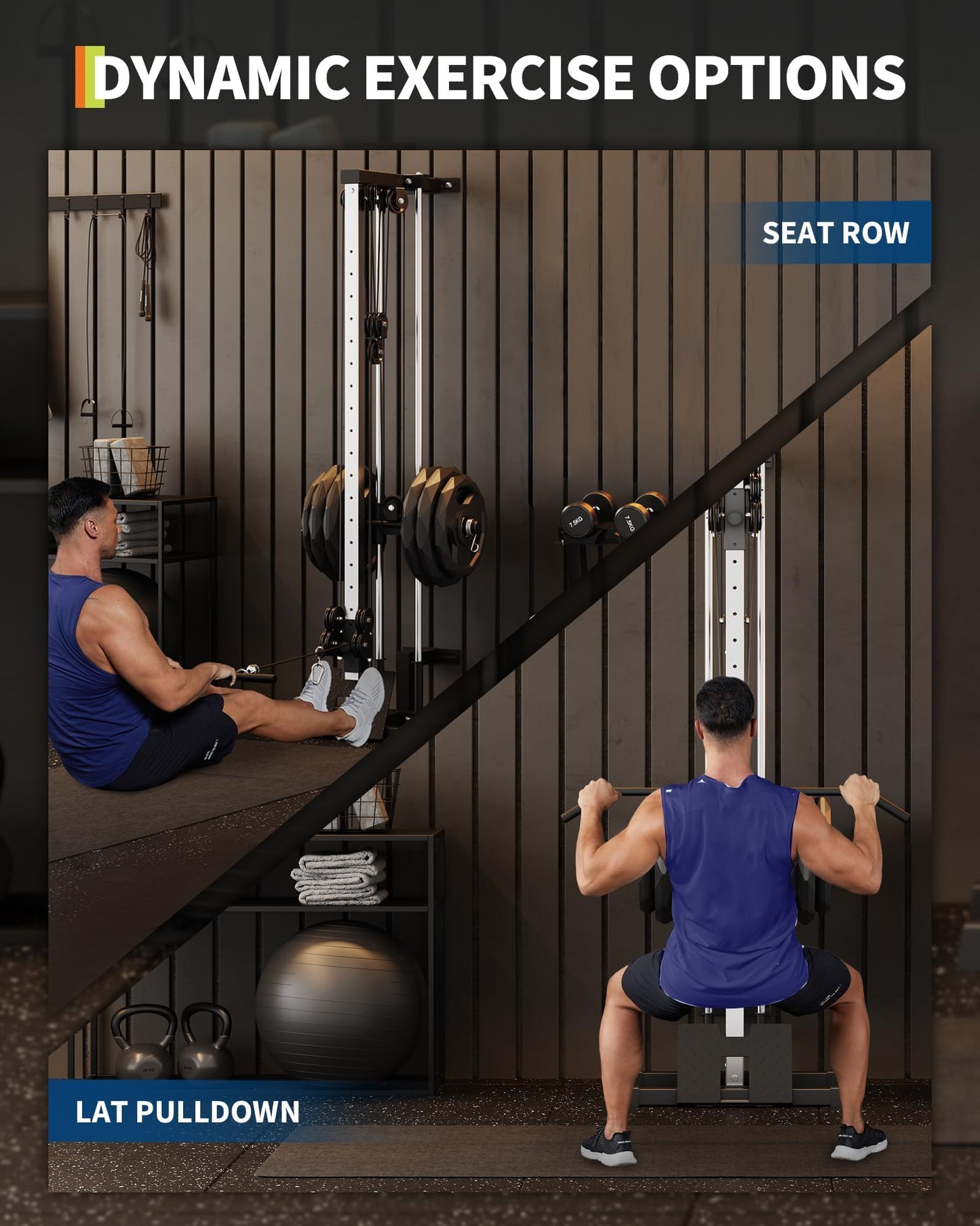 GarveeLife Wall Mount Cable Station, LAT Pulldown Machines with 19 Positions Dual Pulley System, Cable Crossover Machine with Footplate, T-Bar and More Attachments Workout Equipment Home Gym
