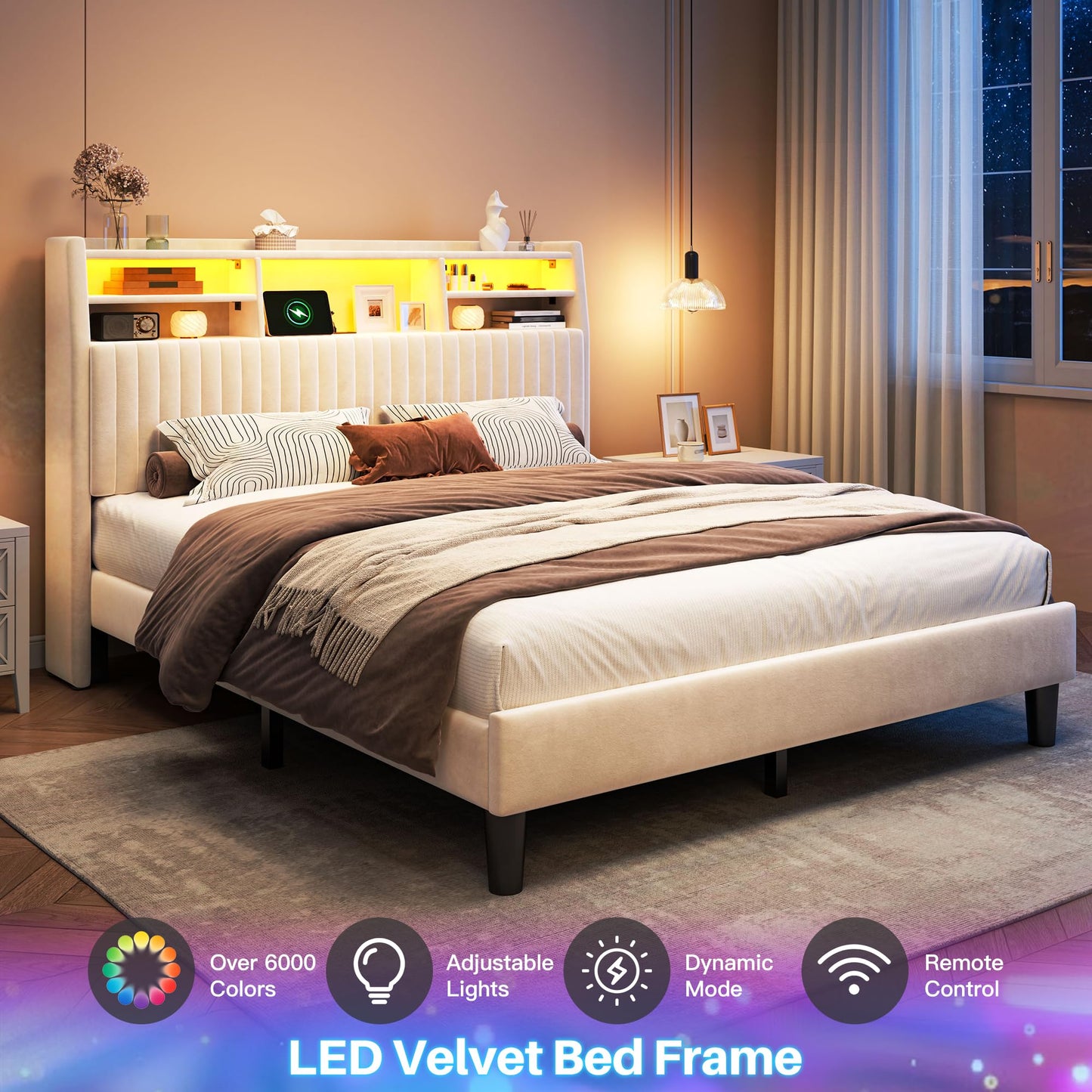 Homkdom Queen Bed Frame, Upholstered Bed Frame with Vertical Channel Tufted Headboard,Velvet Bed Frame Queen with Charging Station and LED Lights, Wooden Slats, Noise Free, Beige