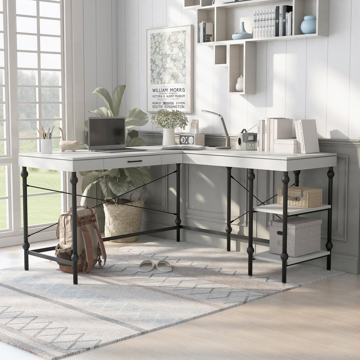24/7 Shop at Home Monier Farmhouse Metal 2 Shelves Corner Computer Desk with USB Port, Power Outlet, 1 Drawer for Workstation, Home Office, Study Room, Antique White