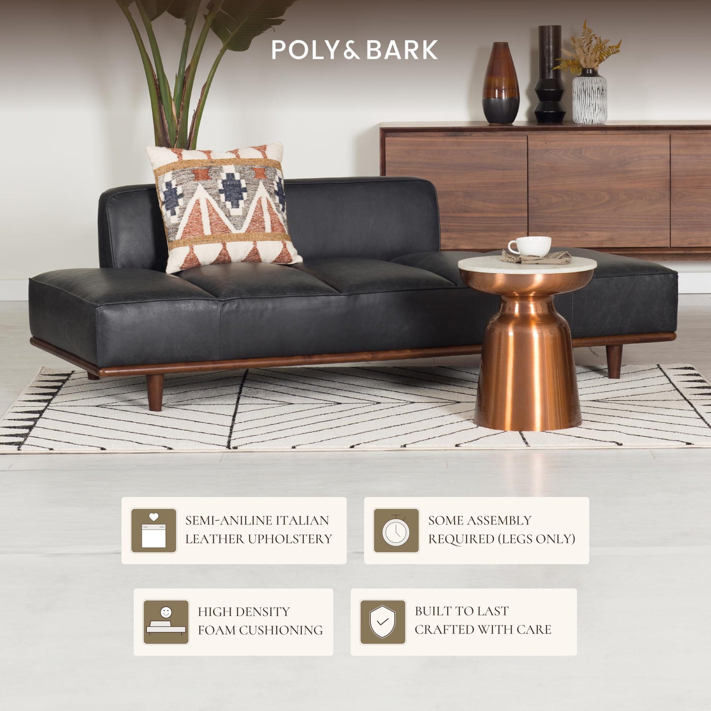 Poly & Bark Jasper Daybed – Onyx Black - Full-Grain Semi-Aniline Leather Upholstery – Walnut-Stained Ash Wood Frame, 6.6 Feet – Modern Daybed for Living Room or Guest Space– Minimal Assembly