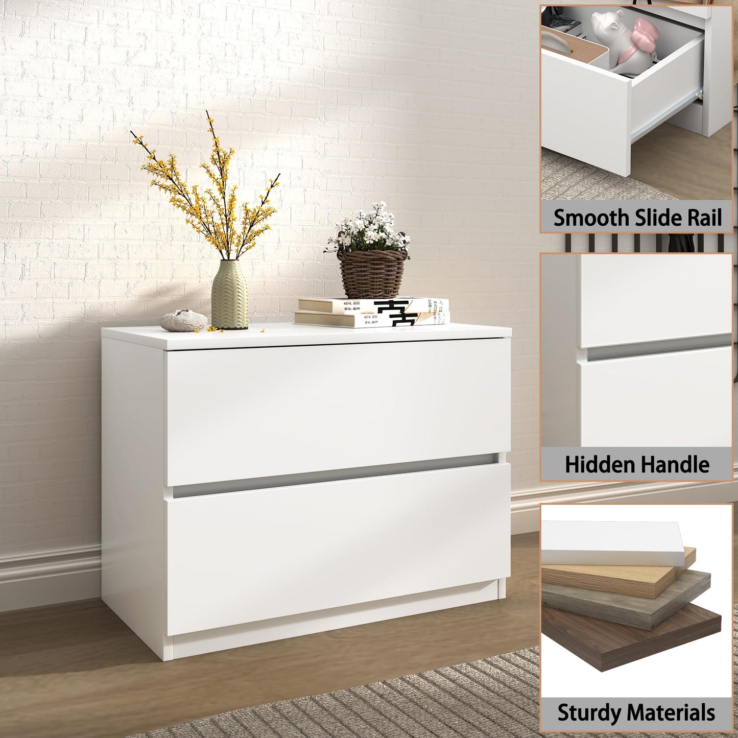 furtble 2 Drawer Dresser, Small Dressers for Closet, Wood Storage Cabinet for Hallway Bedroom Entryway, Nightstand Sofa Beside Table Drawer Chest, 23.6 in, White