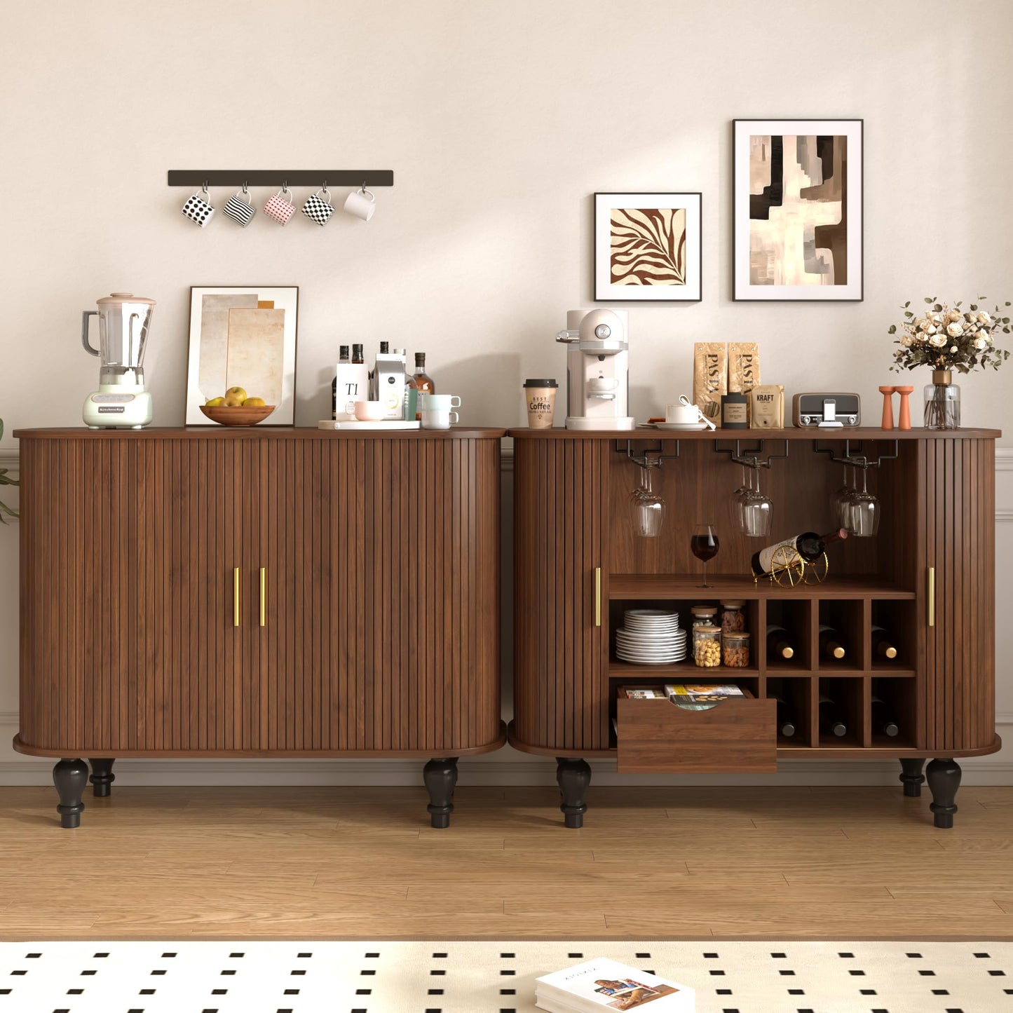 Merax Coffee & Liquor Bar Cabinet 39" with Wine Racks Glass Holders Large Drawer Hidden Side Storage Mid-Century Modern Farmhouse Sideboard, Walnut