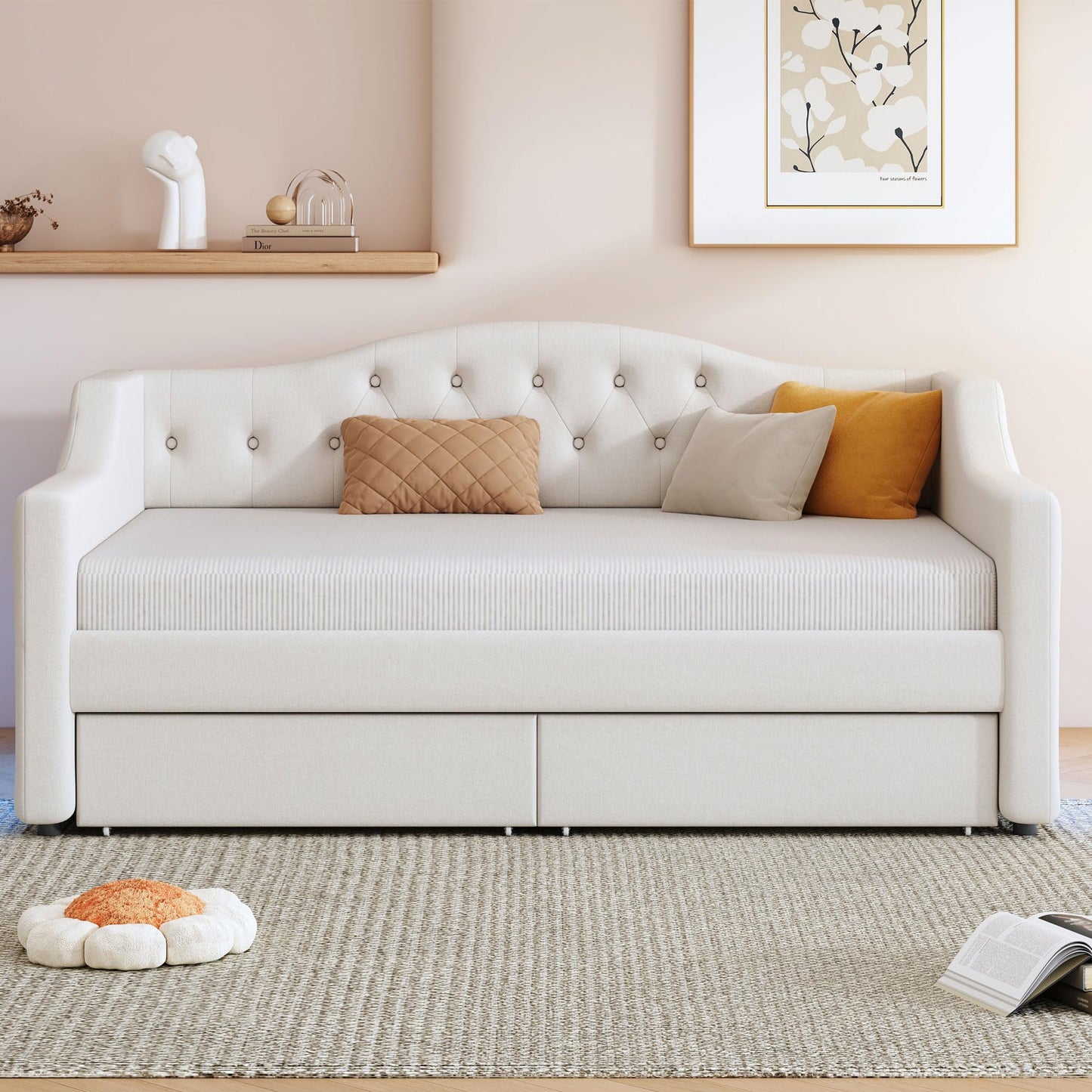 Merax Modern Upholstered Platform Bed Frame with Storage Drawers, Linen Sofa Day Bed, No Box Spring Needed/Easy Assemble/Twin XL, Beige