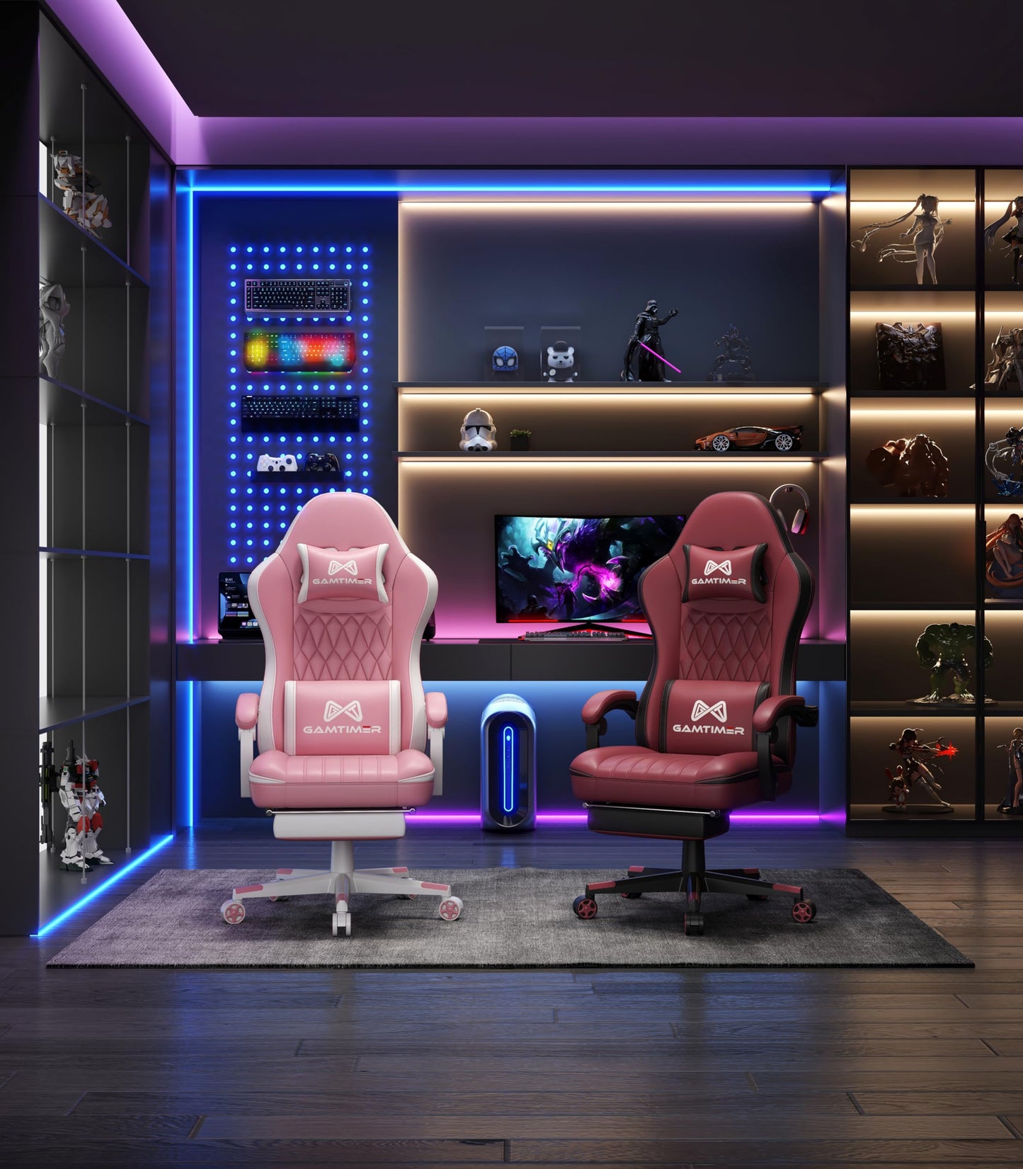 Gamtimer Gaming Chair with Footrest, Ergonomic Computer Chair, PU Breathable Material with Headrest and Lumbar Support, Suitable for Silla Gamer and Adults(Pink)