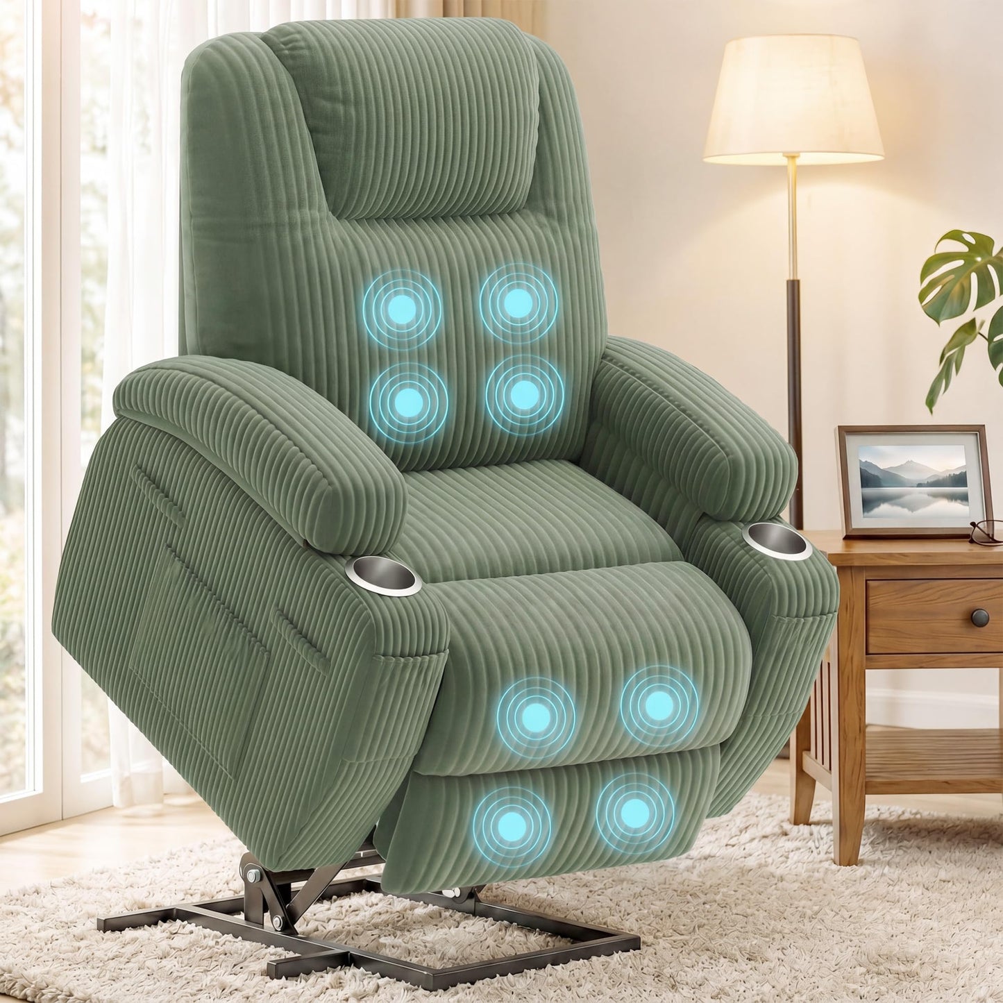 Flamaker Power Lift Chair Massage Recliner Chairs for Elderly, Corduroy Ergonomic Design with Cup Holders & Side Pockets, Remote Control (Green)