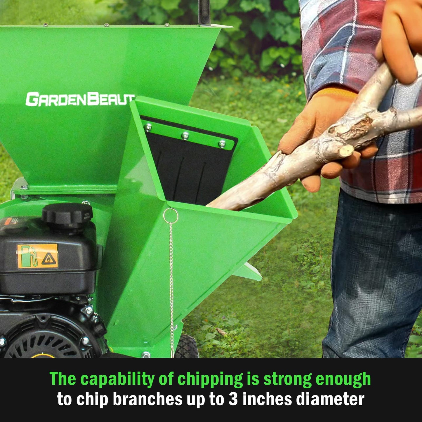 GARDENBEAUT 3 in 1 Wood Chipper Shredder Mulcher MF30, 7HP 212cc Heavy Duty Gas Powered, Max 3" Diameter Capacity for Wood, Limb, Leaves with Two Hoppers,4 Y-Hammers, Included Debris Bag