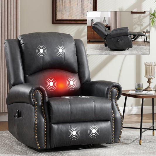 GDFStudio Heat Massage Swivel Rocker Recliner Chair, Manual Fabric Recliner with 360° Swivel, Rocking Function, Lumbar Heat and 8-Point Massage, Overstuffed Living Room Reclining Chair, Grey