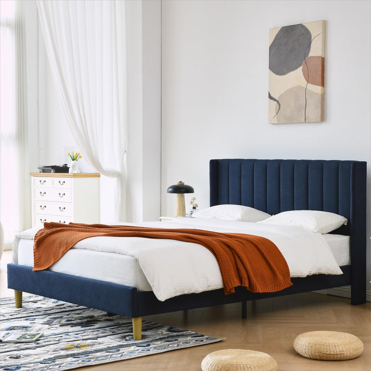 YUHUASHI upholstered Platform Bed Frame/Queen Bed Frame/Modern Geometric Double-Wing Design headboard/Linen Fabric/Easy to Assemble no Noise (Navy Blue, Queen (U.S. Standard))