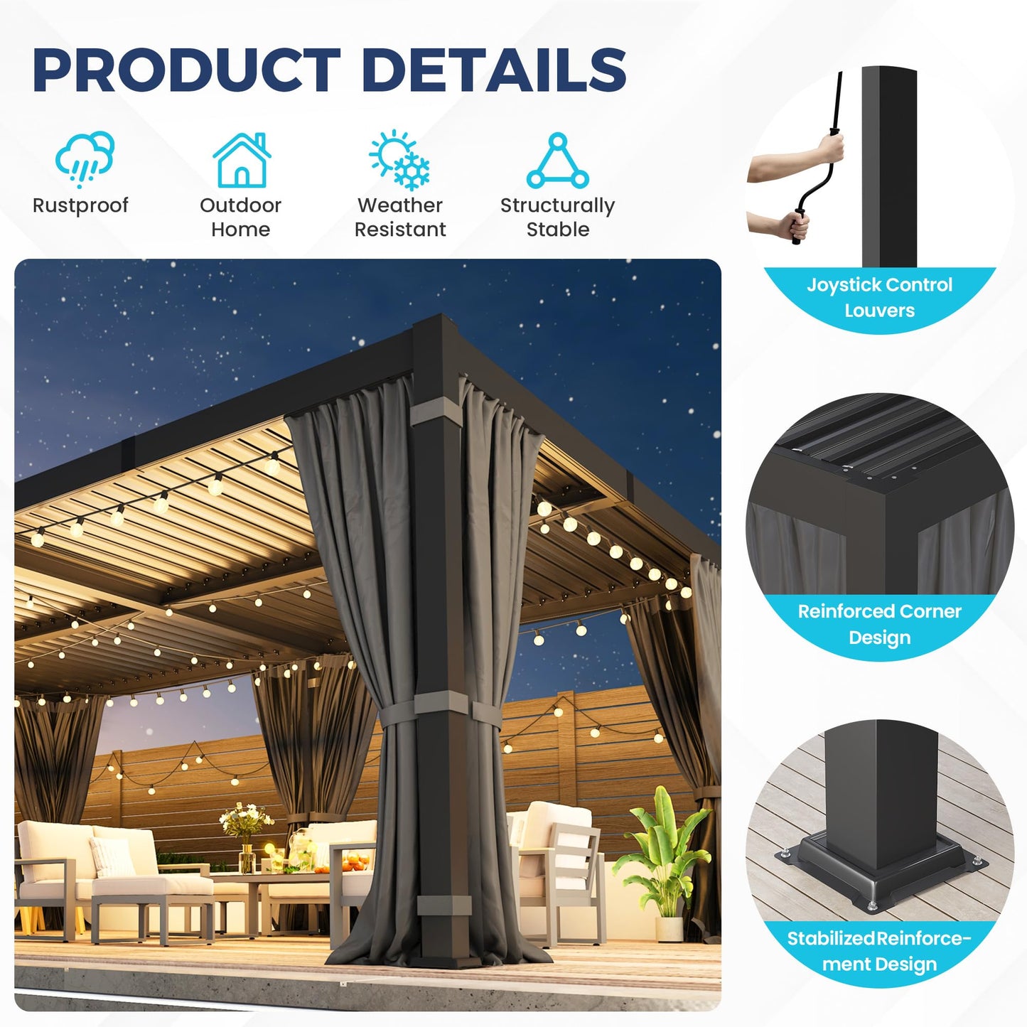 12' x 20' Louvered Pergola, Outdoor Pergola with Metal Adjustable Louvered Roof & Gutter System, Hardtop Patio Gazebo for Backyard, Patio, Garden, Dark Gray