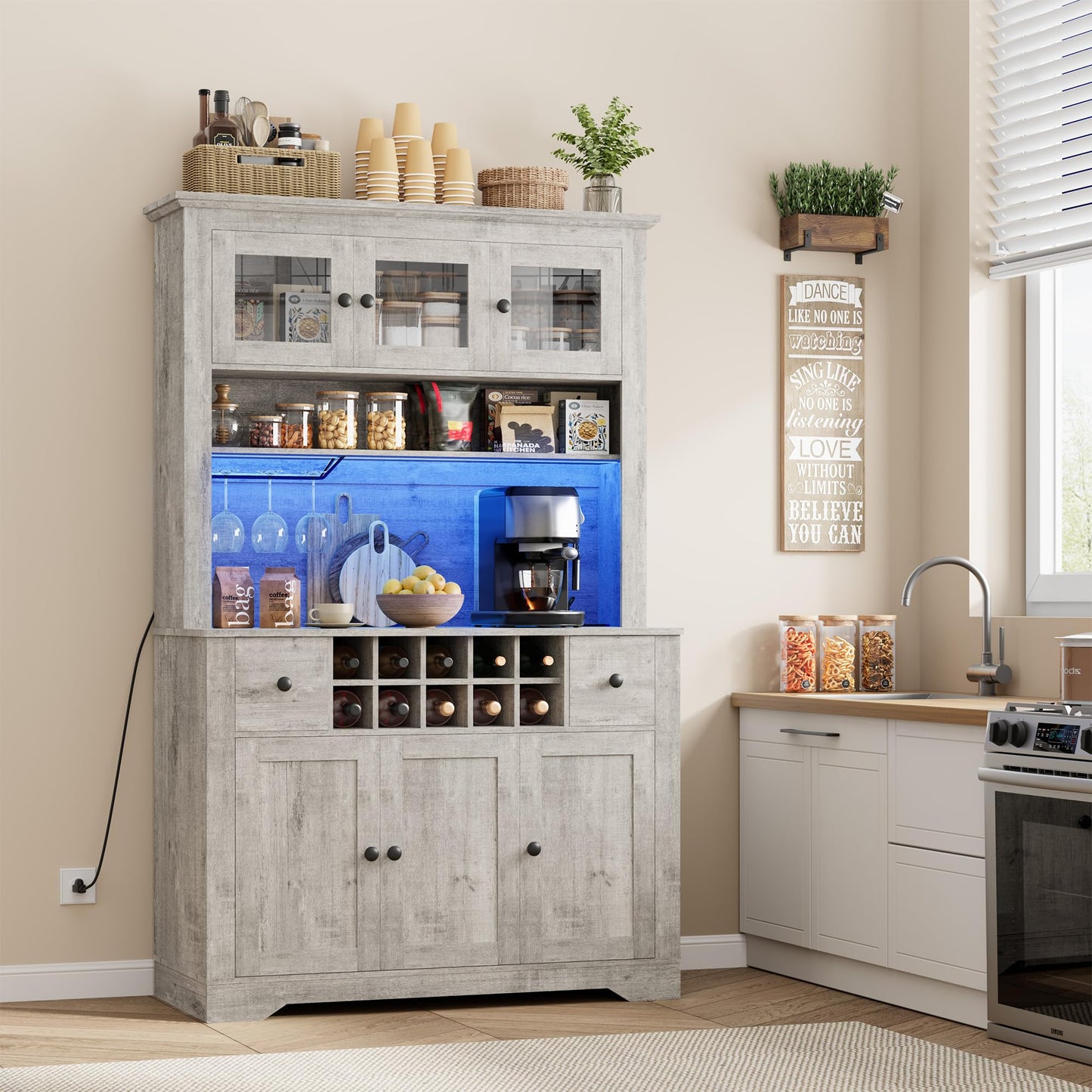 GarveeHome 68.7" Coffee Bar Cabinet with LED Light & Power Outlet, Farmhouse Kitchen Hutch with 2 Storage Drawers, Wine Glass Rack, Adjustable Shelves, Tall Pantry Cabinet for Dining Room, Living Room