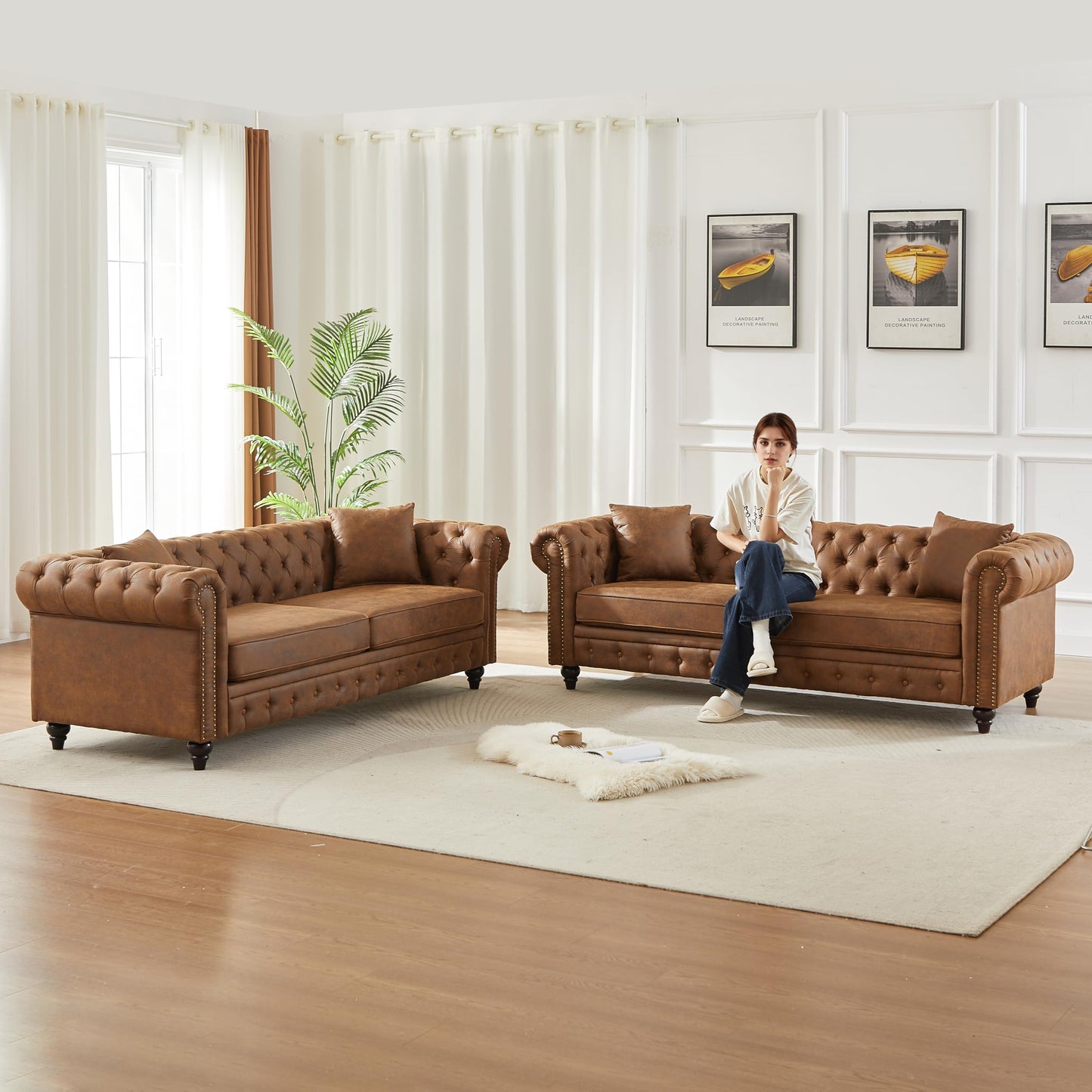 KEIKI Chesterfield Sofa, Retro Style Upholstered 3+3 Seats Tech Fabric Couch with Rolled Arm for Living Room Bedroom Office, Brown