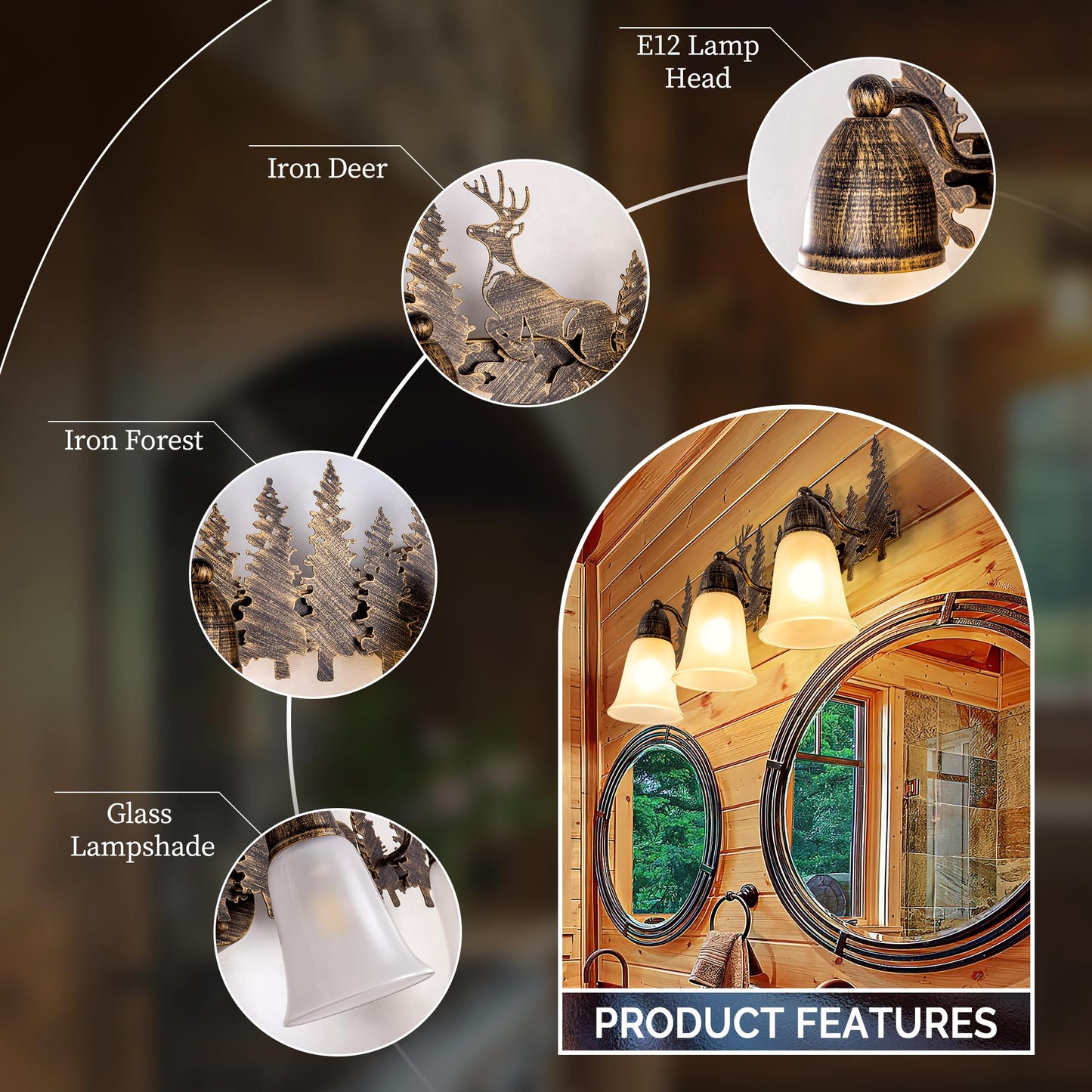 TOCHIC Rustic Bathroom Vanity Light Over Mirror, 3 Lights Farmhouse Bathroom Light Fixtures, Western Moose Sconces Bath Vanity Wall Lighting for Mirror Cabinets, Powder Room, Living Room, 24" L