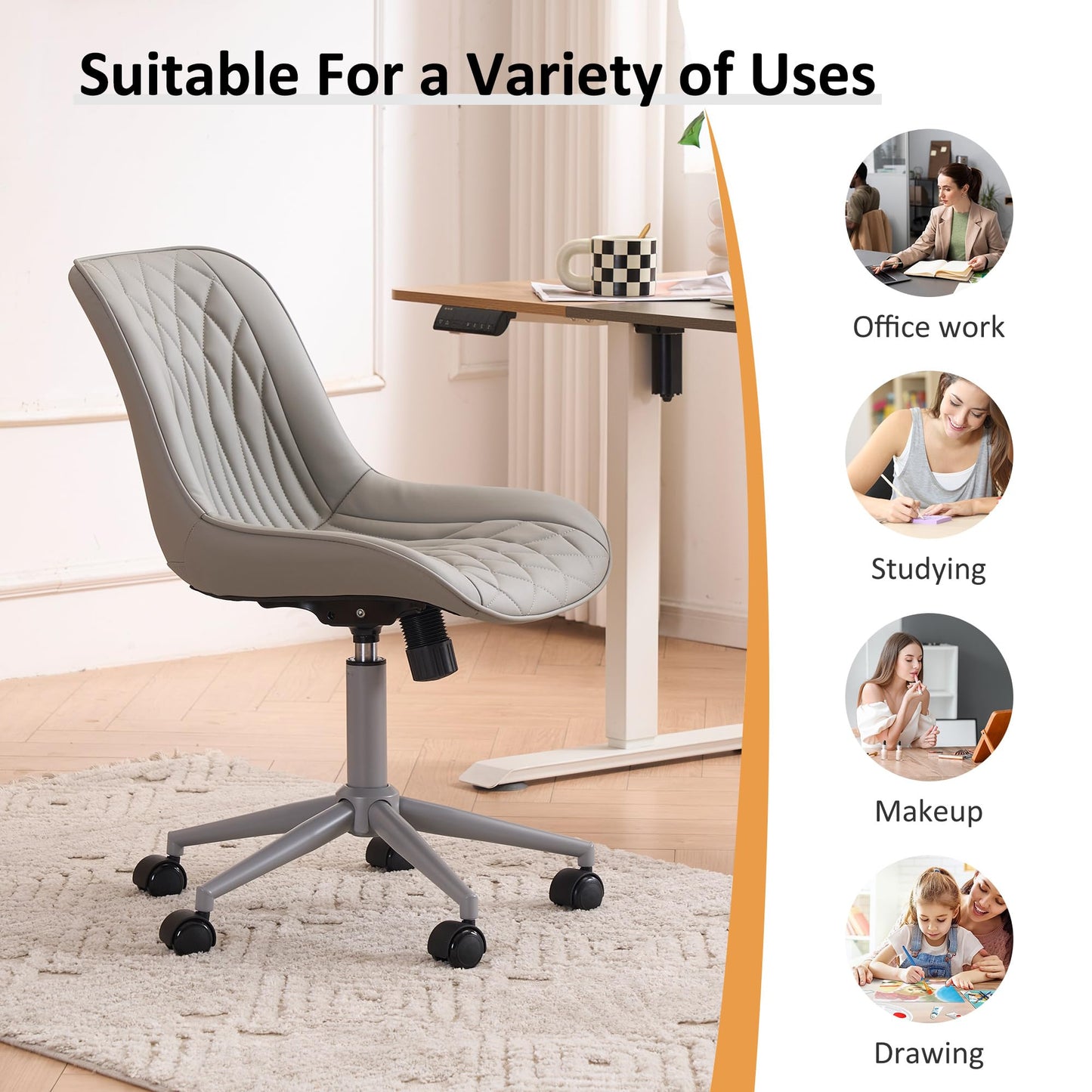 YOUNIKE Grey Faux Leather Ergonomic Office Chair Armless Comfy Desk Chair with Rocking Back Cute Swivel Vanity Chair with Wheels Height Adjustable Small Computer Task Chair for Sewing Drafting