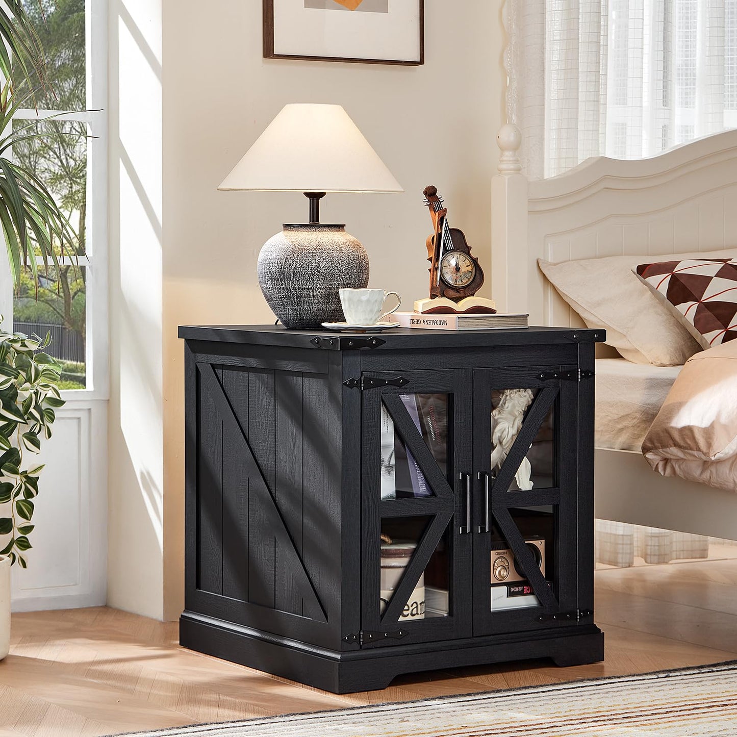 Joaxswe 24" End Table Set of 2 with Charging Station, Farmhouse Night Stand with Glass Barn Door, Nightstands with Adjustable Storage Shelf, Large Wood Square Bed Side Table for Living Room,Bedroom