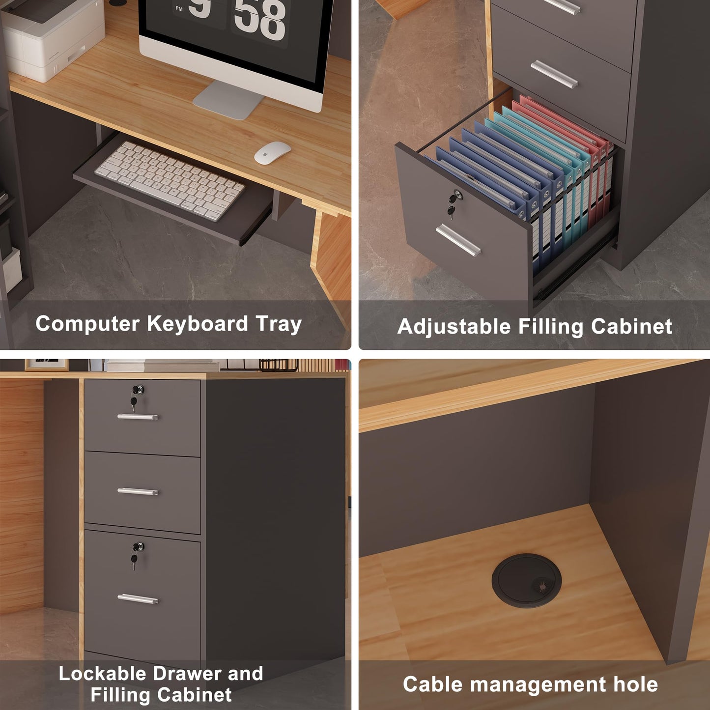 L-Shaped Reception Desk with Lockable Drawers, Adjustable File Cabinet & Keyboard Tray, Modern Front Counter for Office, Salon, or Lobby (Right-L Natural Wood/Slate Gray, 70.9''L x 23.6''W x 41.3''H)
