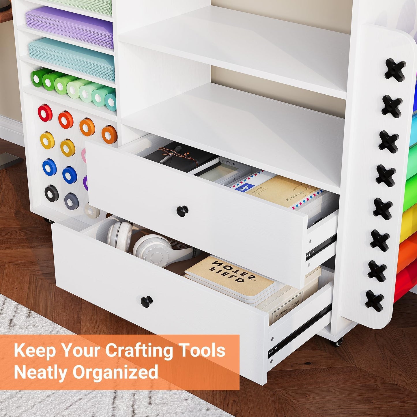 MilleLoom Craft Cart with Vinyl Roll Holder - Large Rolling Cricut Cart Organizer & Workstation, Craft Storage Table Compatible with Cricut Machine, Heat Press, Craft Room White