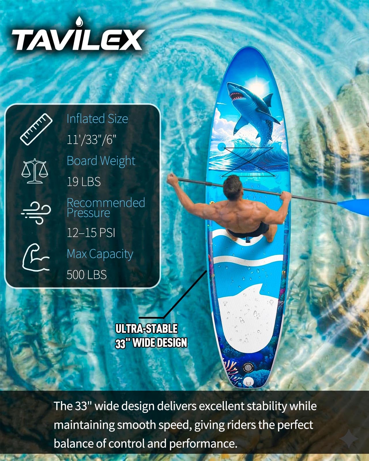 Tavilex Inflatable Stand Up Paddle Board with Seat, 11' x 33" x 6" Ultra-Wide 2-in-1 SUP Board for Adults & Youth, Stable Blow Up Paddleboard Kit with Dual-Blade Paddle (Shark Power)