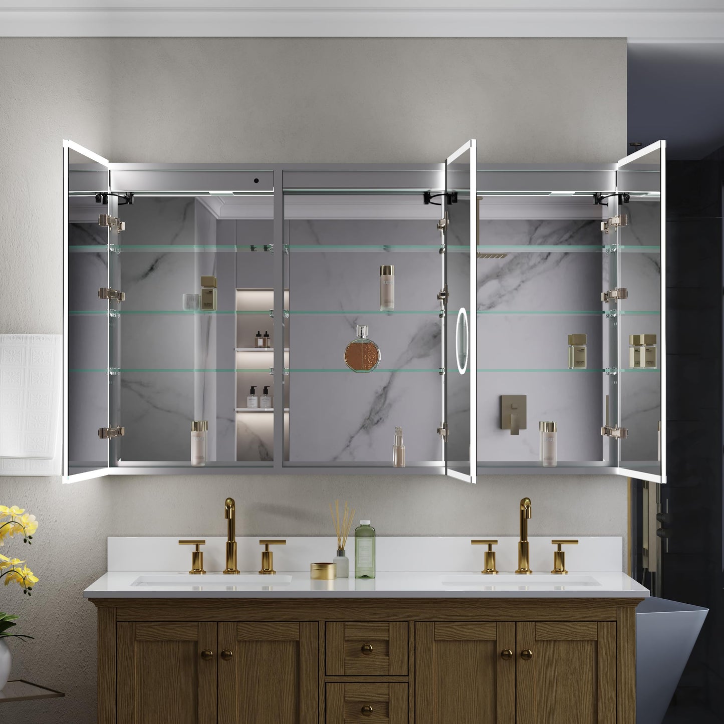 WELLFOR 60" X 36" LED Medicine Cabinet with Mirror, 3X Magnifiying Mirror Cabinet, Defogging/Dimmable Bathroom Mirrored Cabinet, Lighted Medicine Cabinet with Outlets & USB Ports, Three Opening Doors