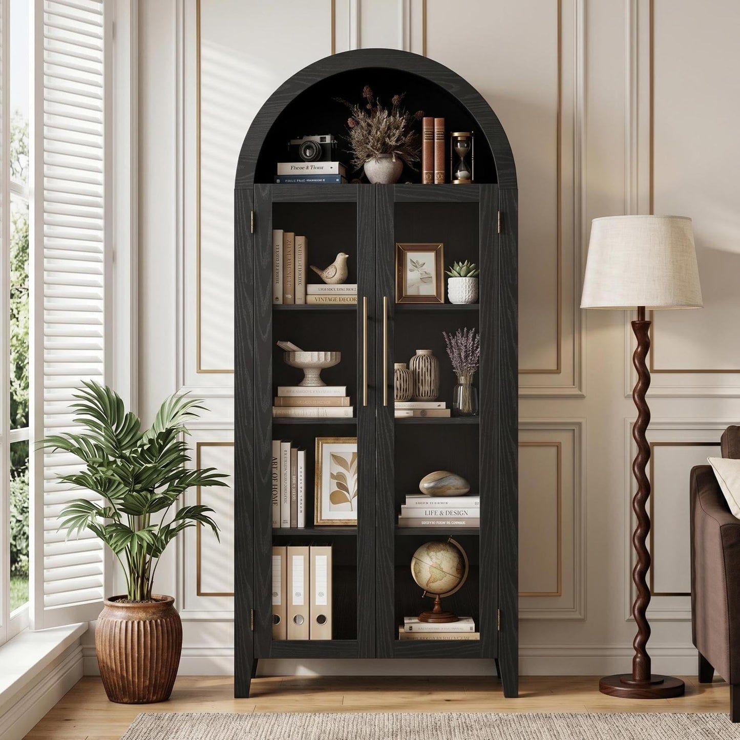 Garvee Arched Cabinet with Glass Doors, 5-Tier Kitchen Pantry Cabinet with Adjustable Shelves, Farmhouse Display Storage Cabinet for Dining Room, Living Room, Black