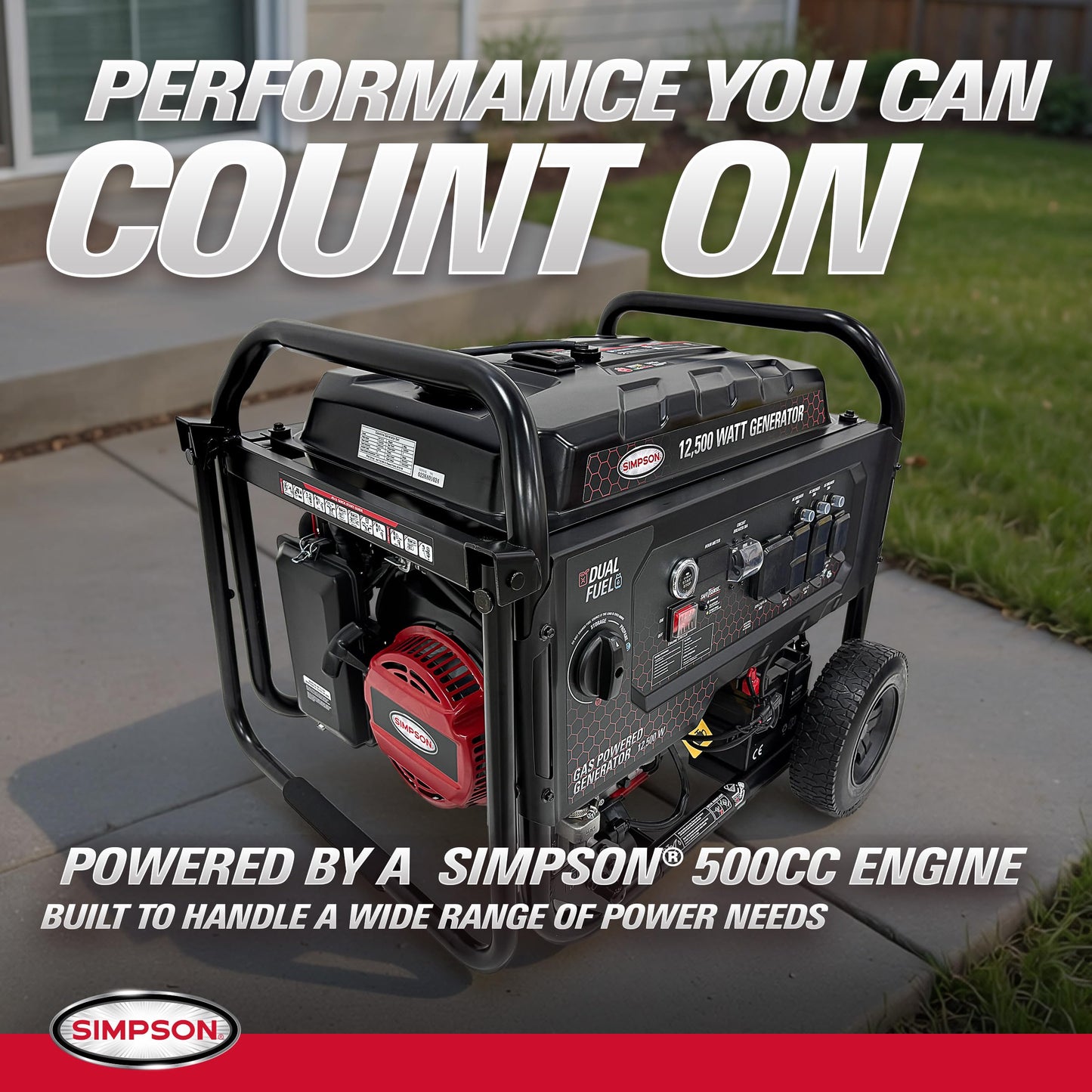 Simpson 12500 Watt Portable Generator, Dual Fuel Gas Generator with Handle and Wheels, 2 120V Duplex Outlets, 120V/240V 4-Prong Outlet, 120V 3-Prong Outlet, 10000 Running Watts, CO Sensor (SF1012)