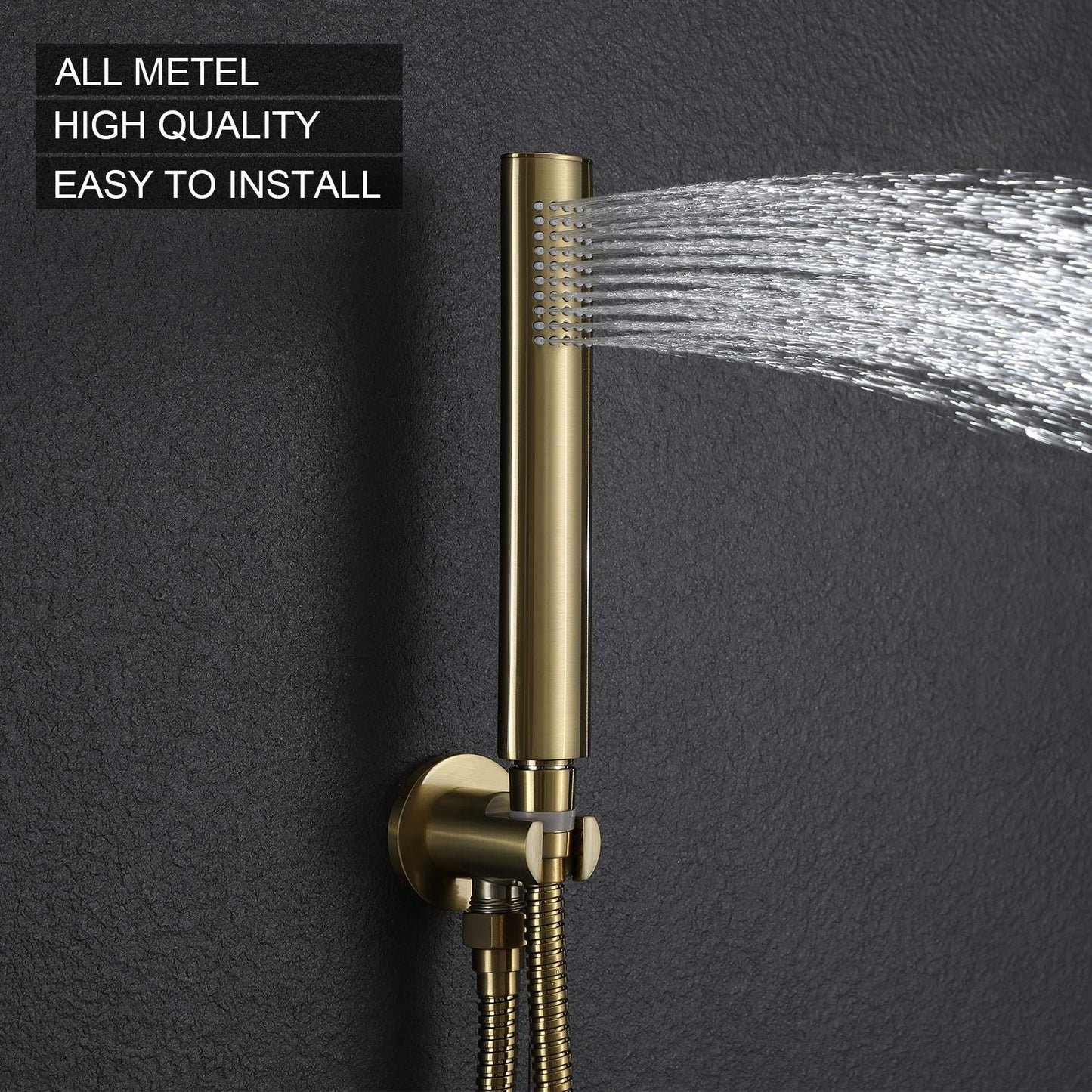 TIPOK Brushed Gold Shower Fixture with 10 Inch Round Shower Head and Handheld Bathroom Golden Rain Shower Faucet Set Contain Brass Rough-in Valve and Trim Kit, Ceiling Mount Gold Shower System